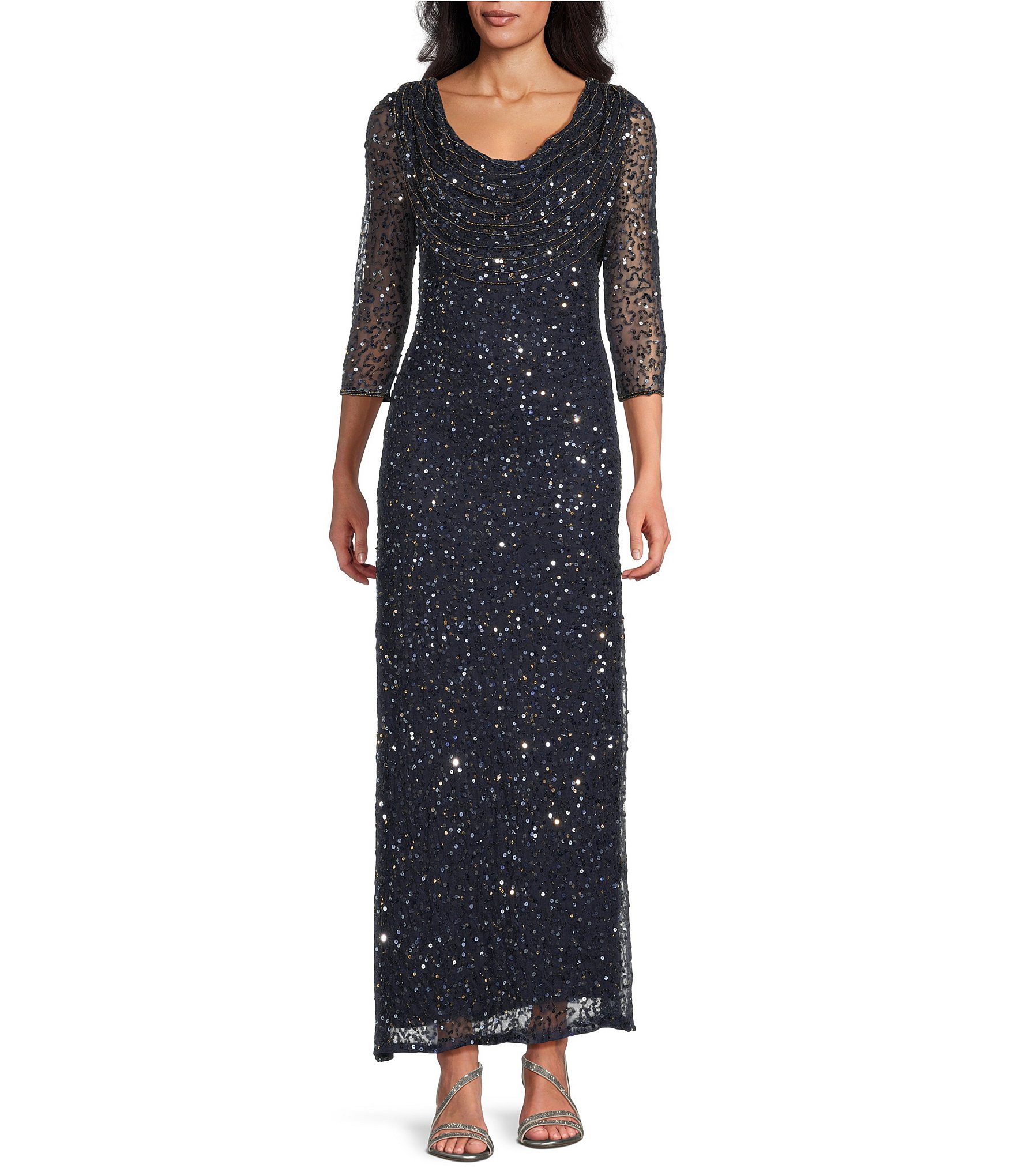 Pisarro Nights Draped Neck 3/4 Sleeve Beaded Mesh Column Gown