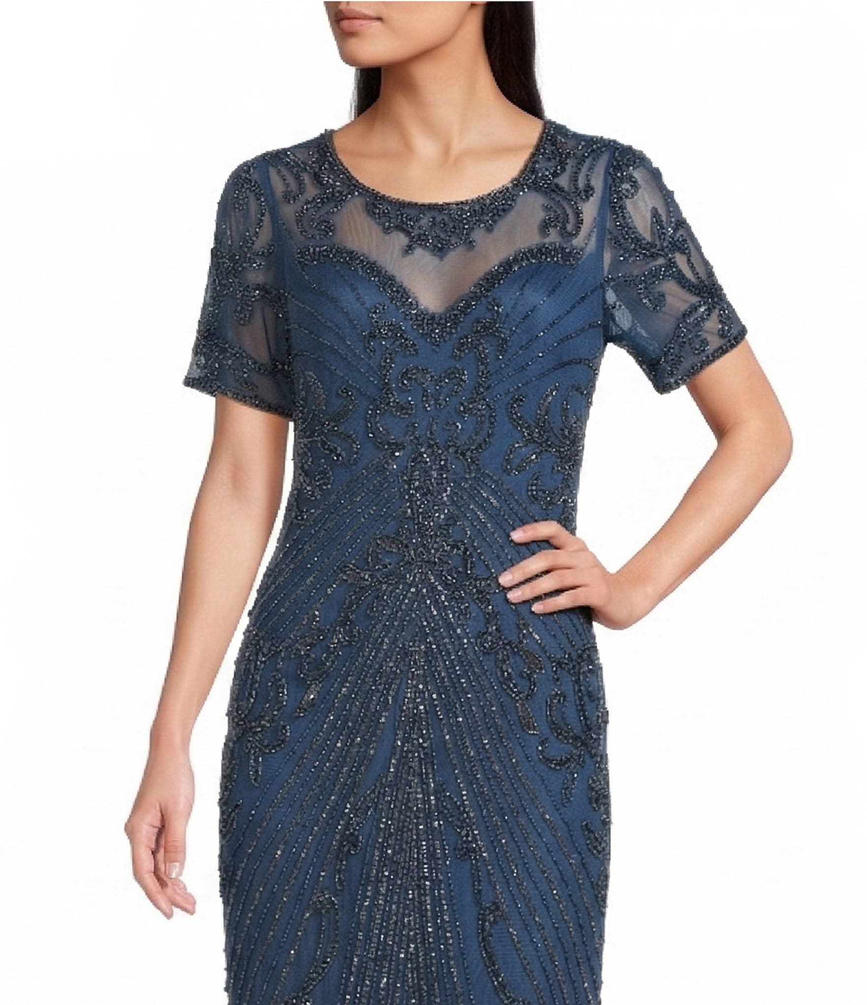 Pisarro Nights Mesh Short Sleeve Beaded Sheath Long Gown