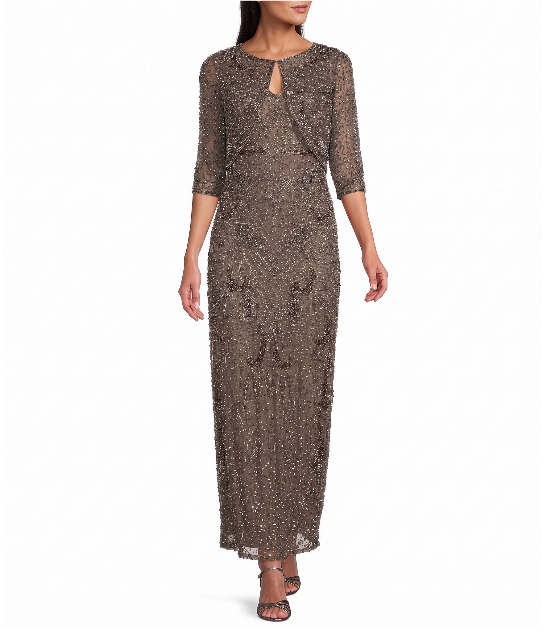 Pisarro Nights Petite Size All Over Beaded Mesh Jacket Dress