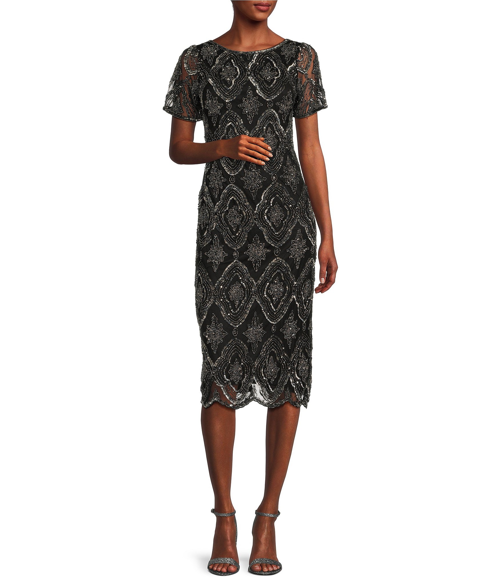 Pisarro Nights Petite Size Short Sleeve Beaded Boat Neck Dress | Dillard's