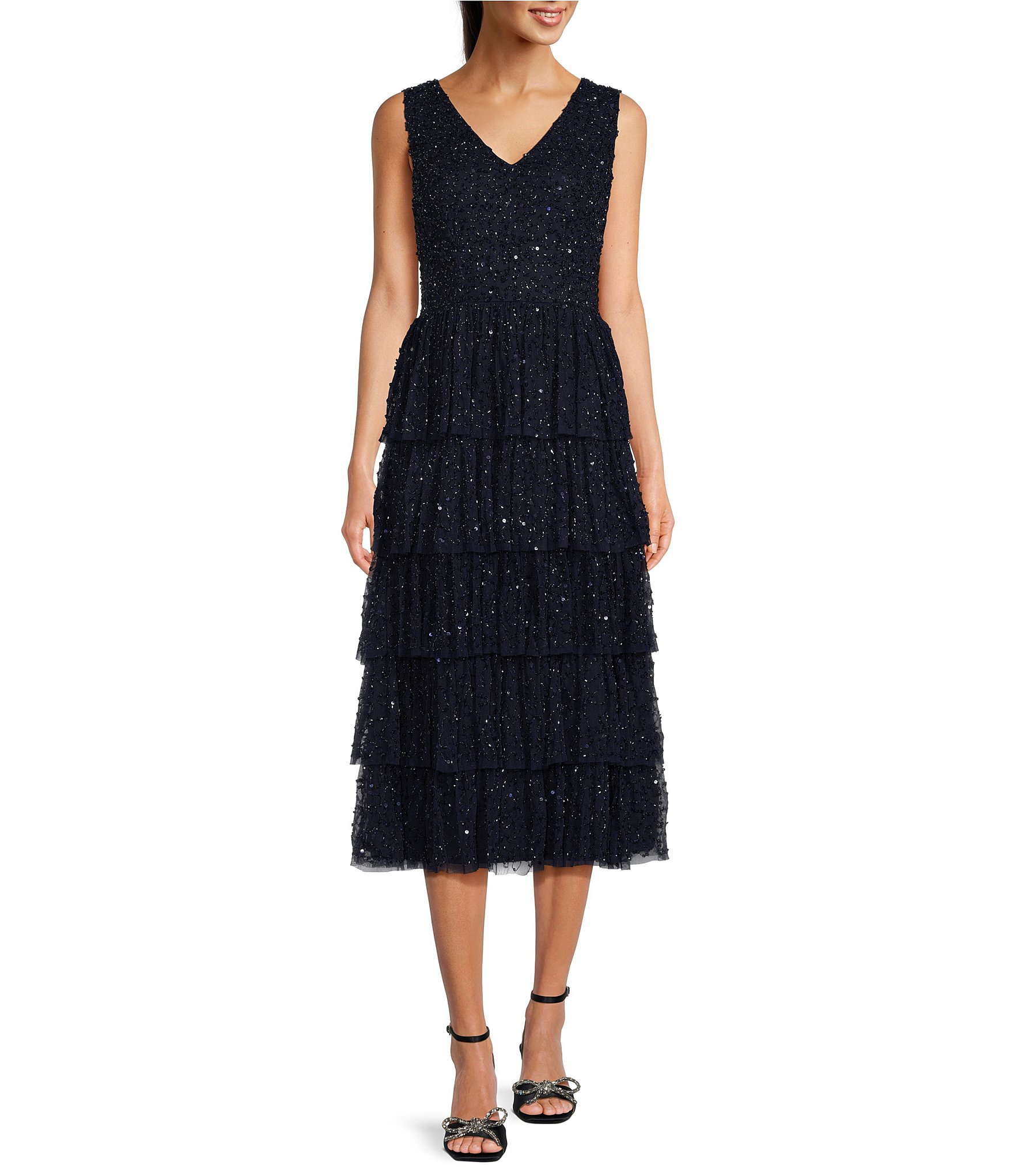 Pisarro Nights Petite Size Sleeveless V-Neck Tiered Skirt Beaded Midi Dress  | Dillard's