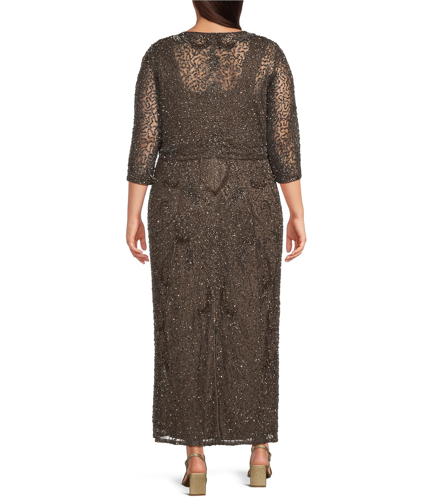 Pisarro Nights Plus Size All Over Beaded Mesh Jacket Dress