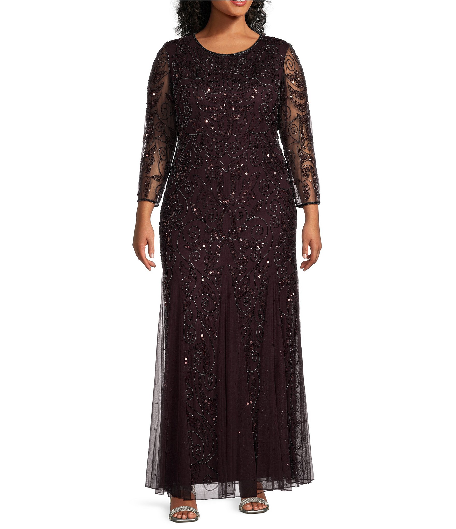 SLNY Sequin Lace Chiffon Beaded Round Neck buy 3/4 Sleeve Gown