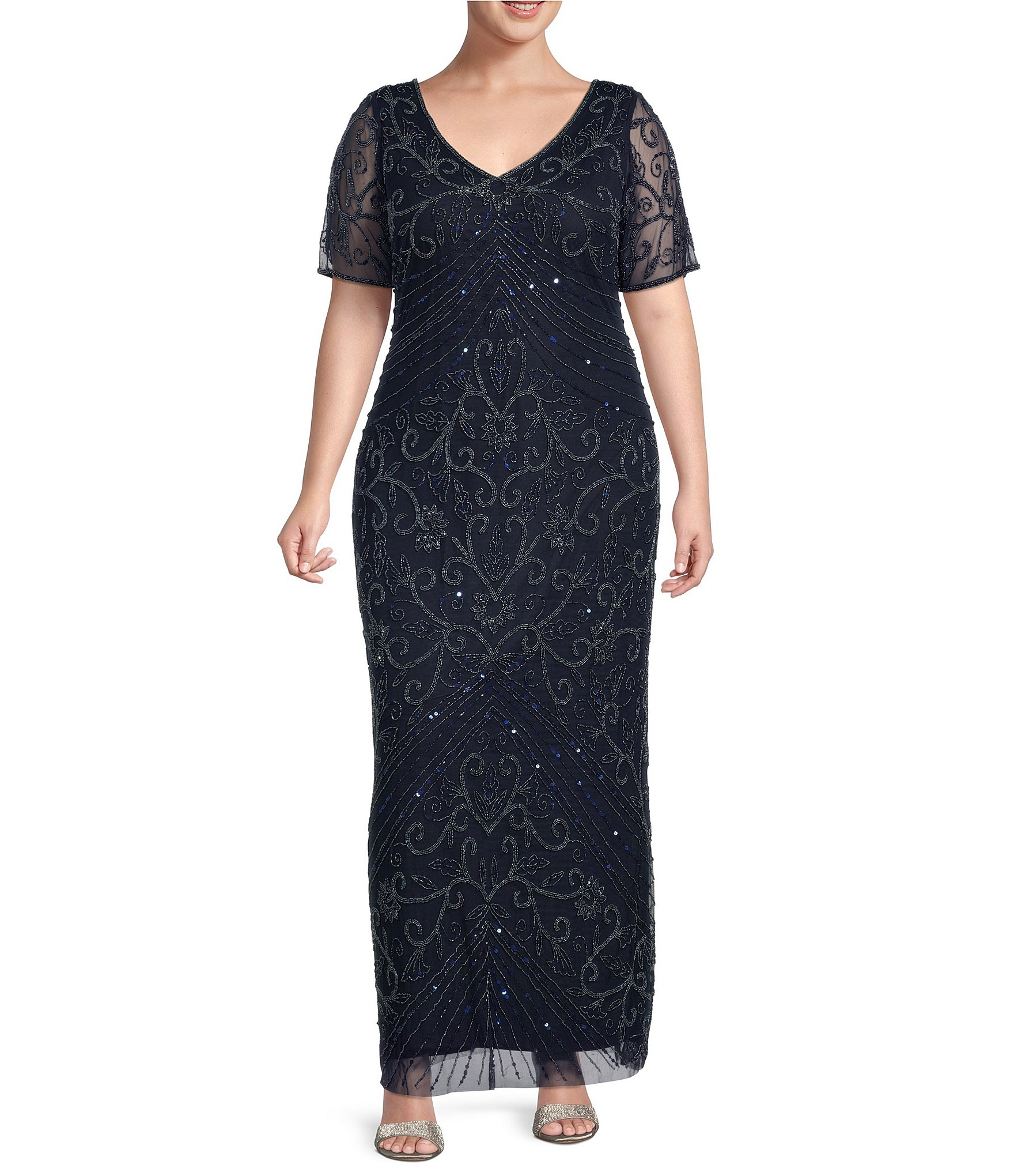 Pisarro Nights Plus Size Beaded V-Neck Short Sleeve Sheath Gown | Dillard's