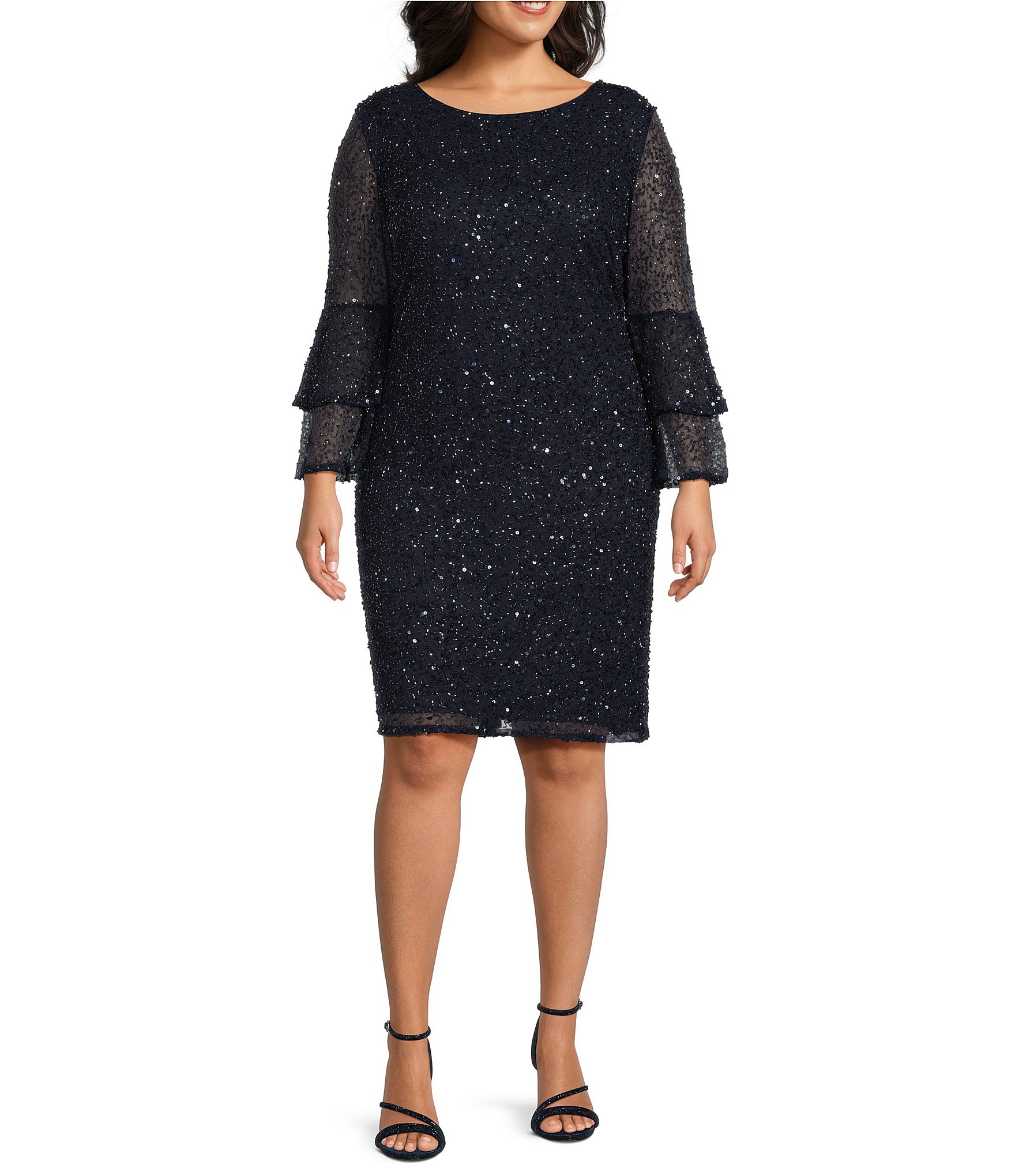 Pisarro Nights Plus Size Long Bell Sleeve Crew Neck Beaded Dress ...