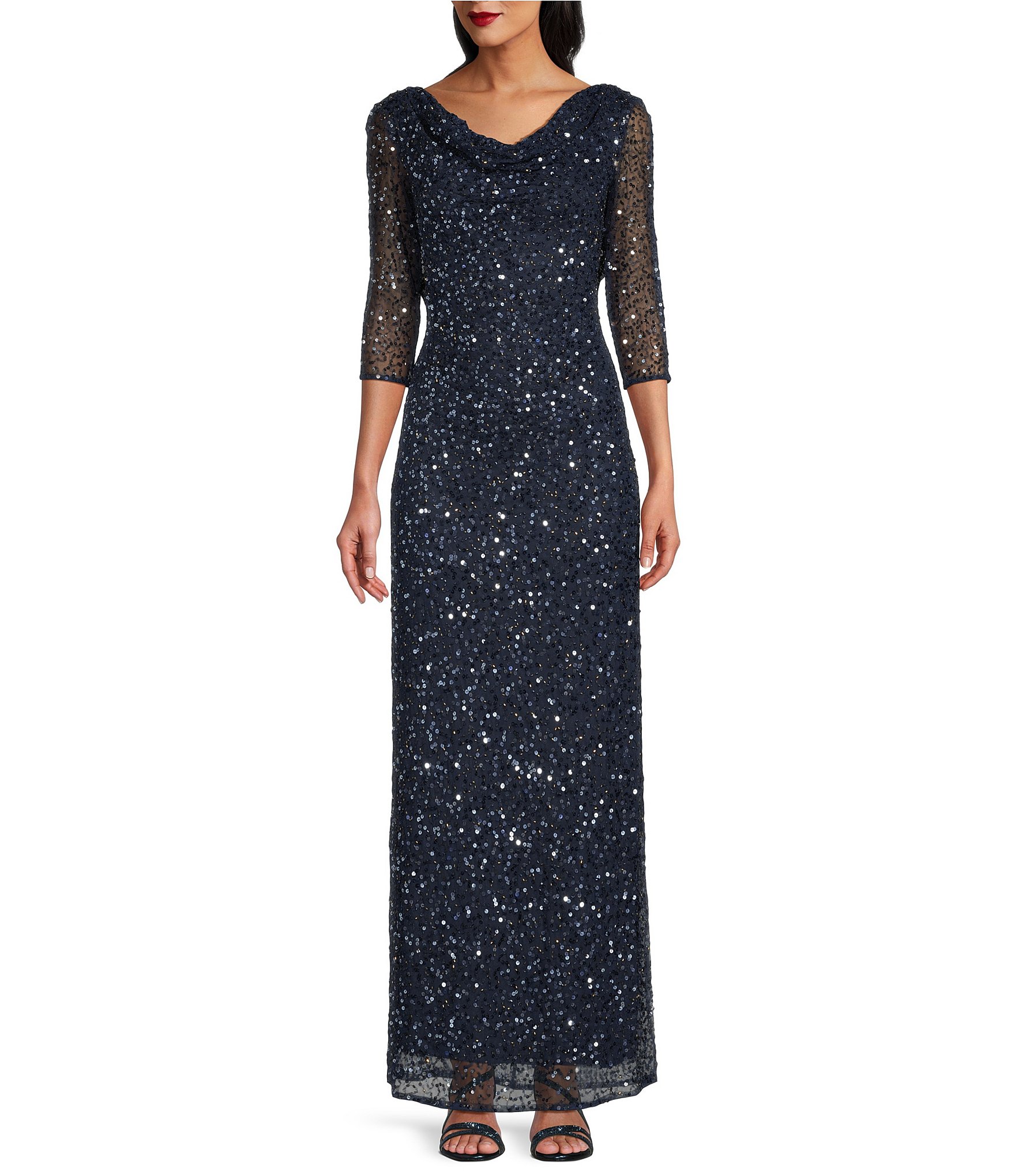 Pisarro Nights Sequin 3/4 Sleeve Cowl Neck Gown | Dillard's