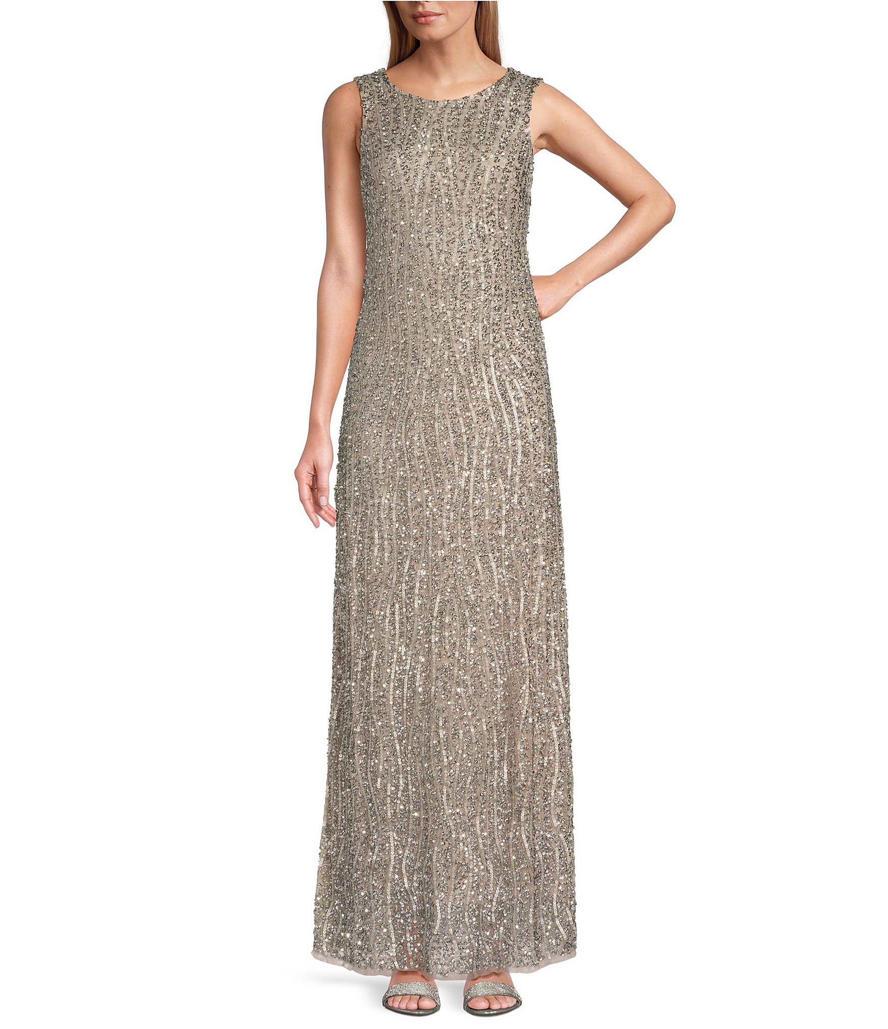 Pisarro Nights Sleeveless Crew Neck Sequin Column Gown | Dillard's