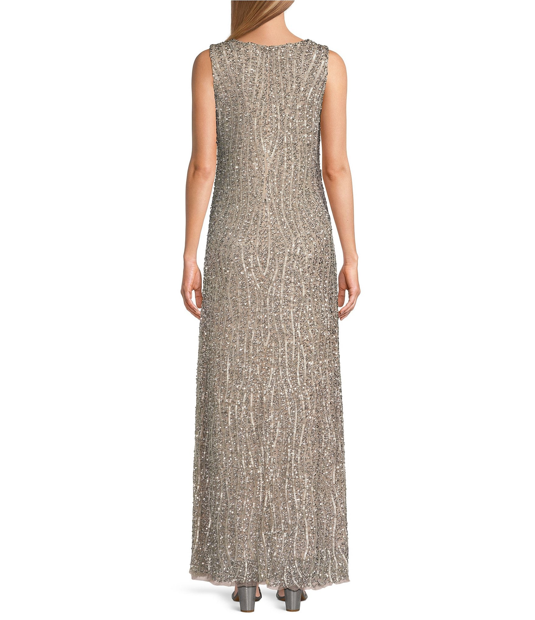 Pisarro Nights Sleeveless Crew Neck Sequin Column Gown