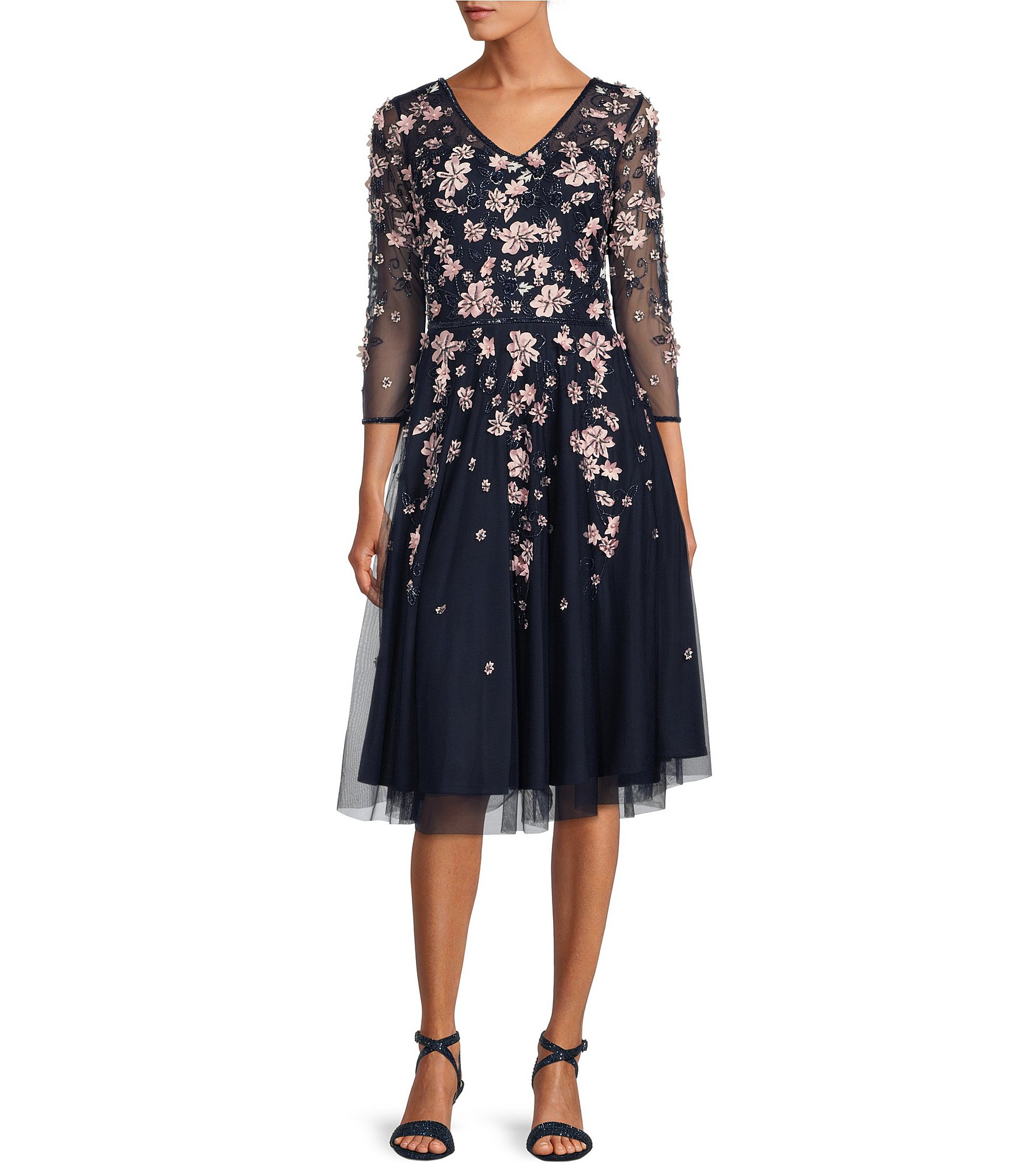 Pisarro Nights V-Neck 3/4 Sleeve Beaded Floral Embroidered Midi Dress ...
