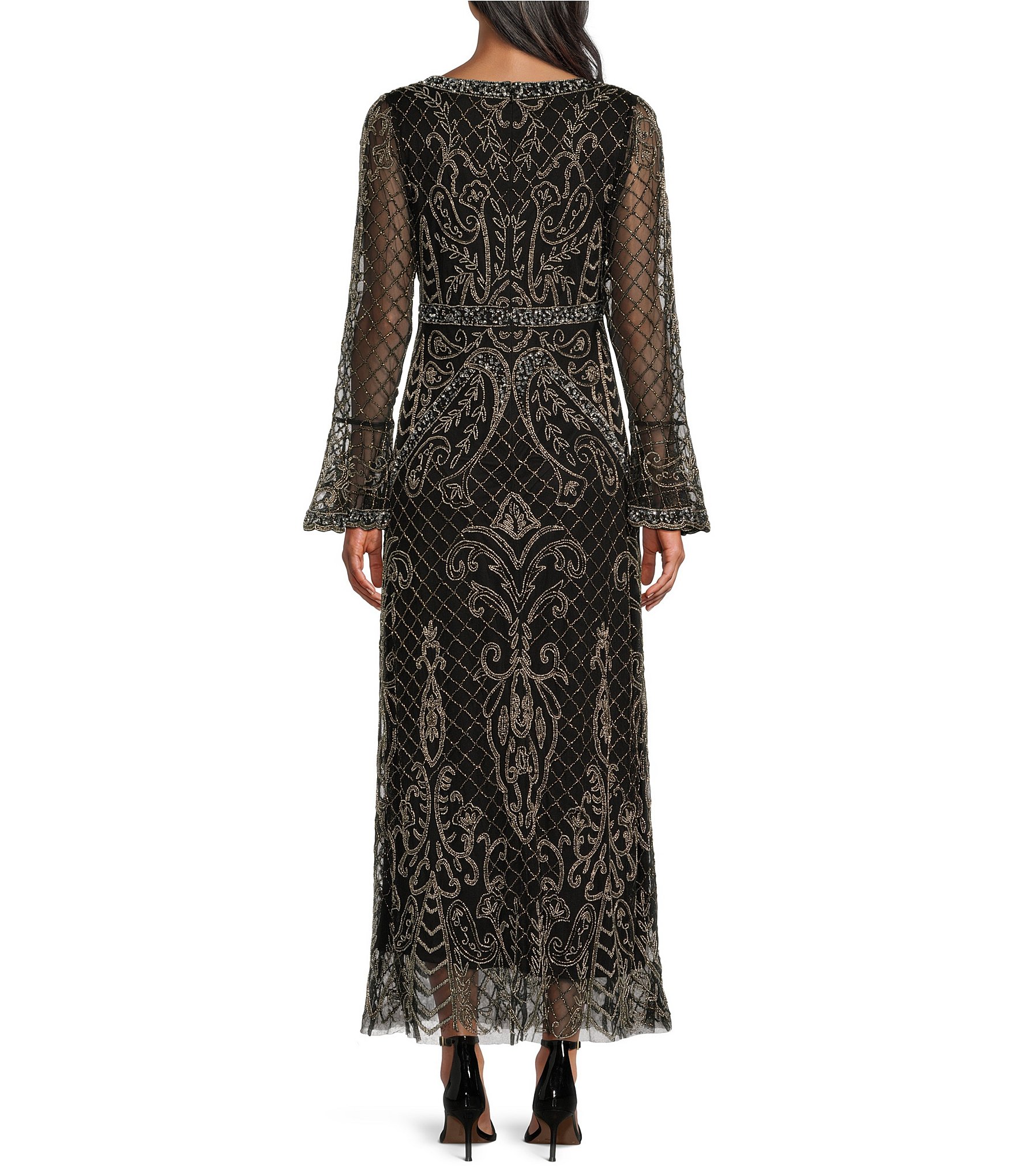 Pisarro Nights V-Neck Contrast Beaded Long Sleeve Column Gown