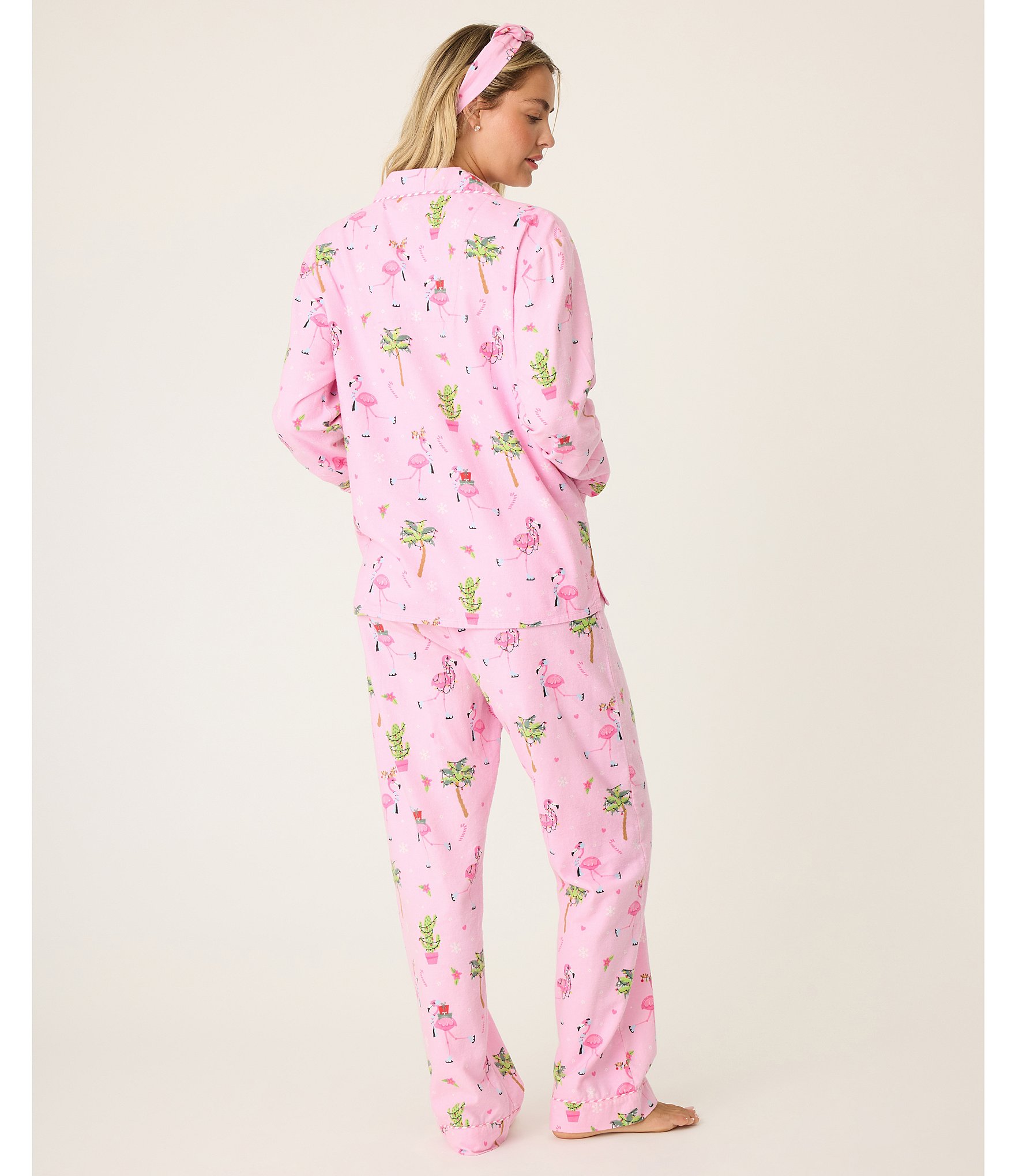 PJ Salvage Flamingo Print #double;Let's Jingle & Flamingle#double; Embroidered Long Sleeve Notch Collar Flannel Pajama & Headband Holiday Set