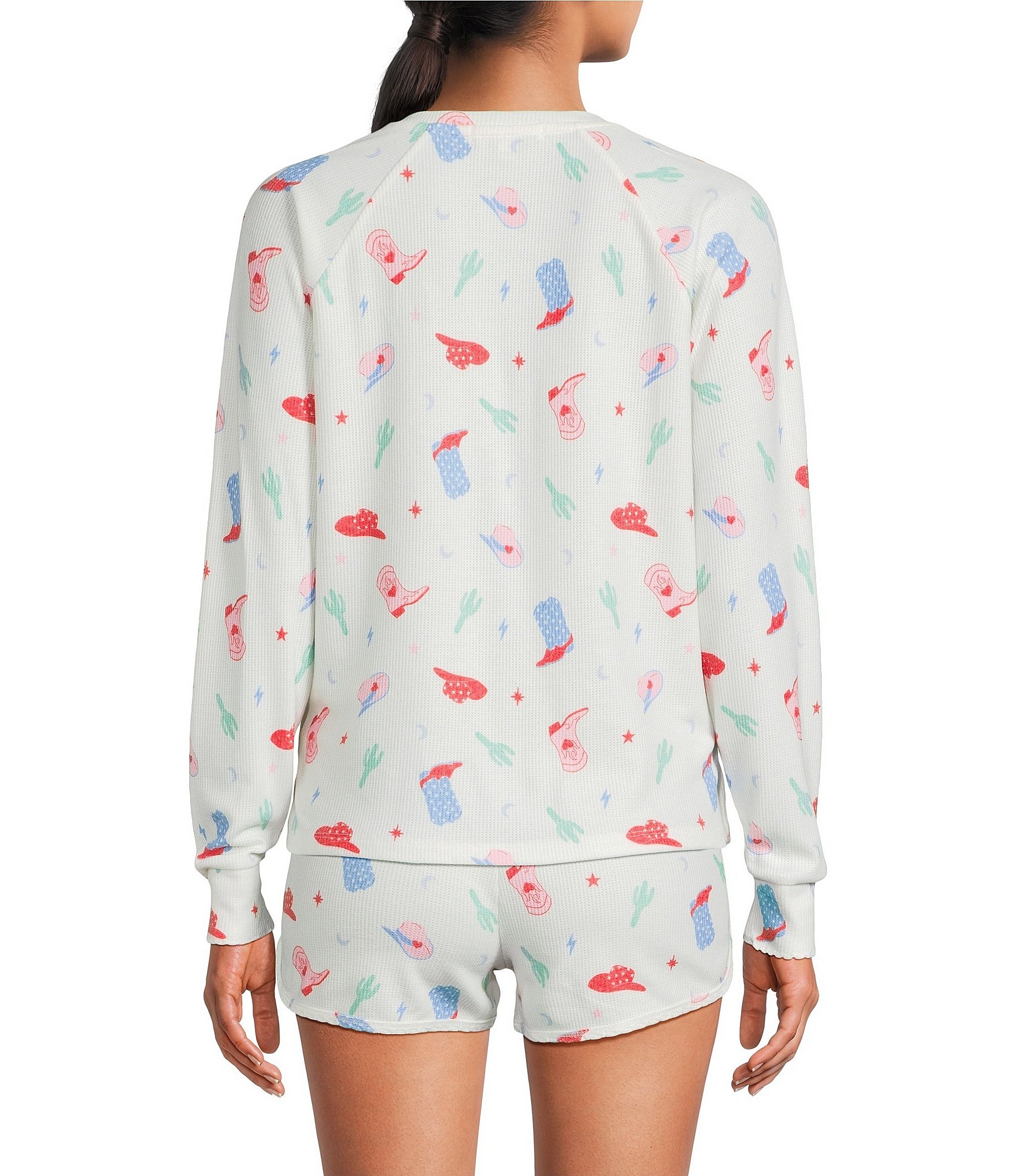 PJ Salvage Long Sleeve V-Neck Peachy Waffle Knit Western Print Coordinating Sleep Top