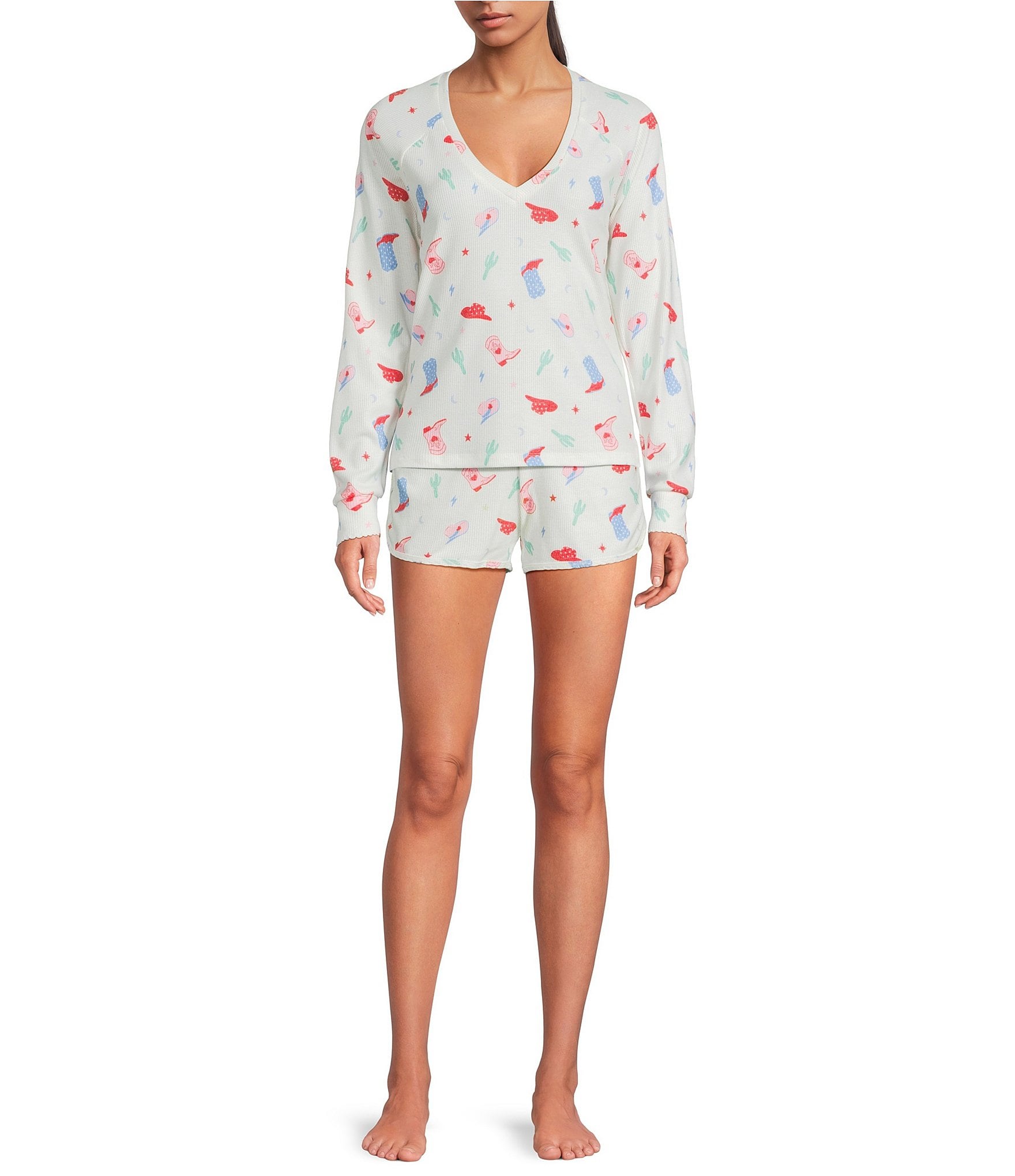 PJ Salvage Long Sleeve V-Neck Peachy Waffle Knit Western Print Coordinating Sleep Top