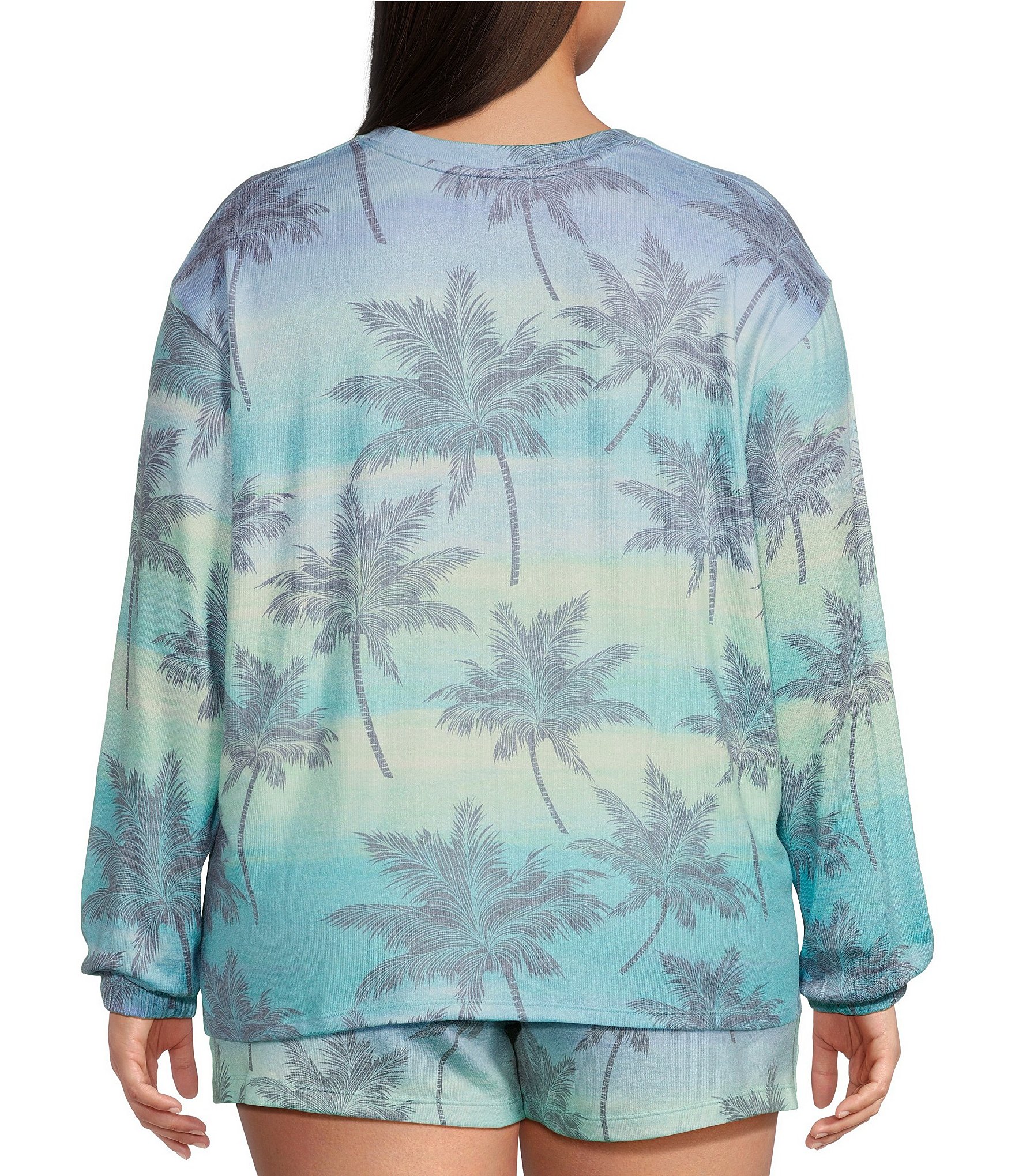 PJ Salvage Plus Size Peachy Knit Palm Ombre Print Long Sleeve Crew Neck Coordinating Sleep Top