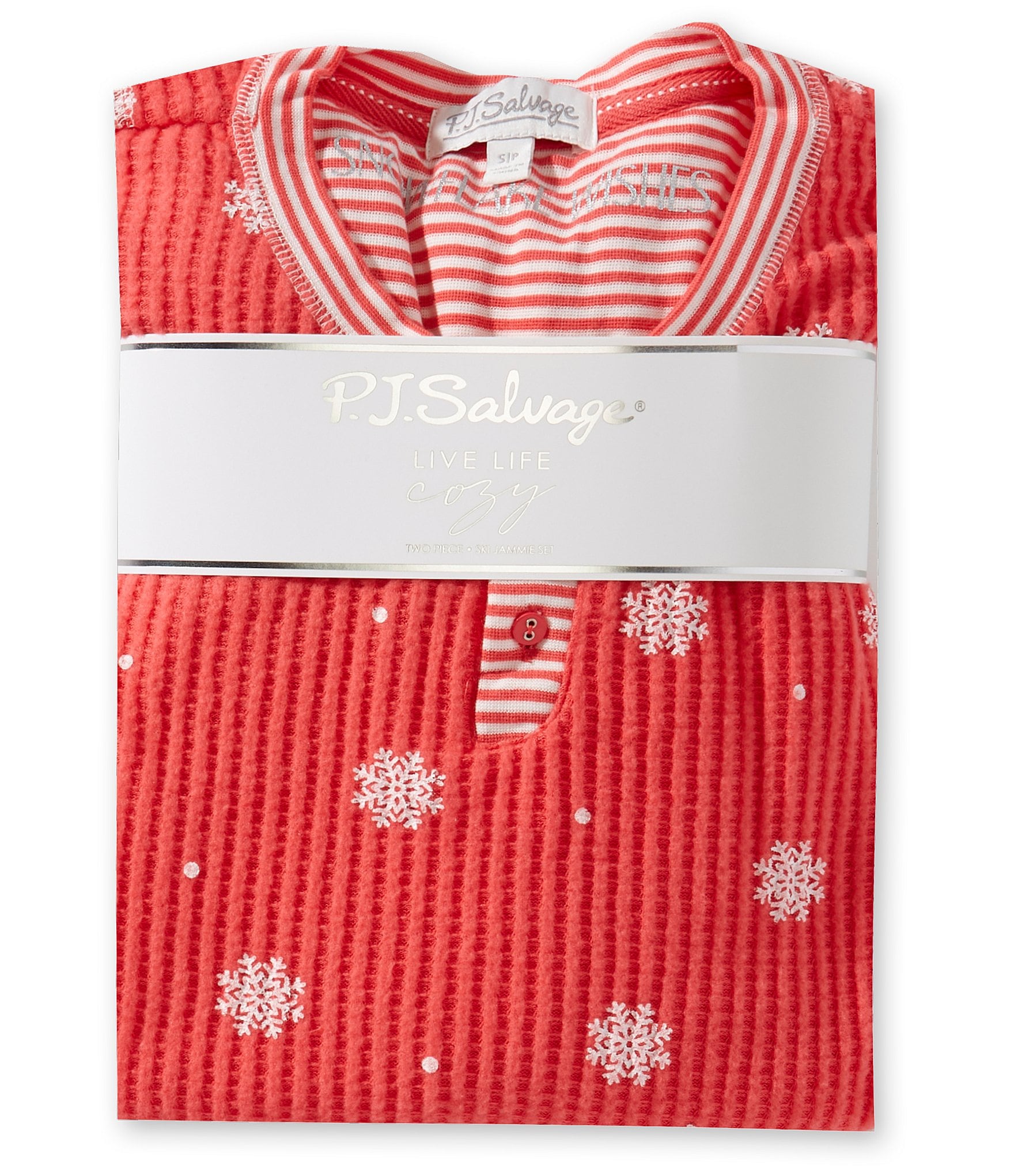 PJ Salvage Snowflake Print Long Sleeve Split Neck Knit Long Pajama Set