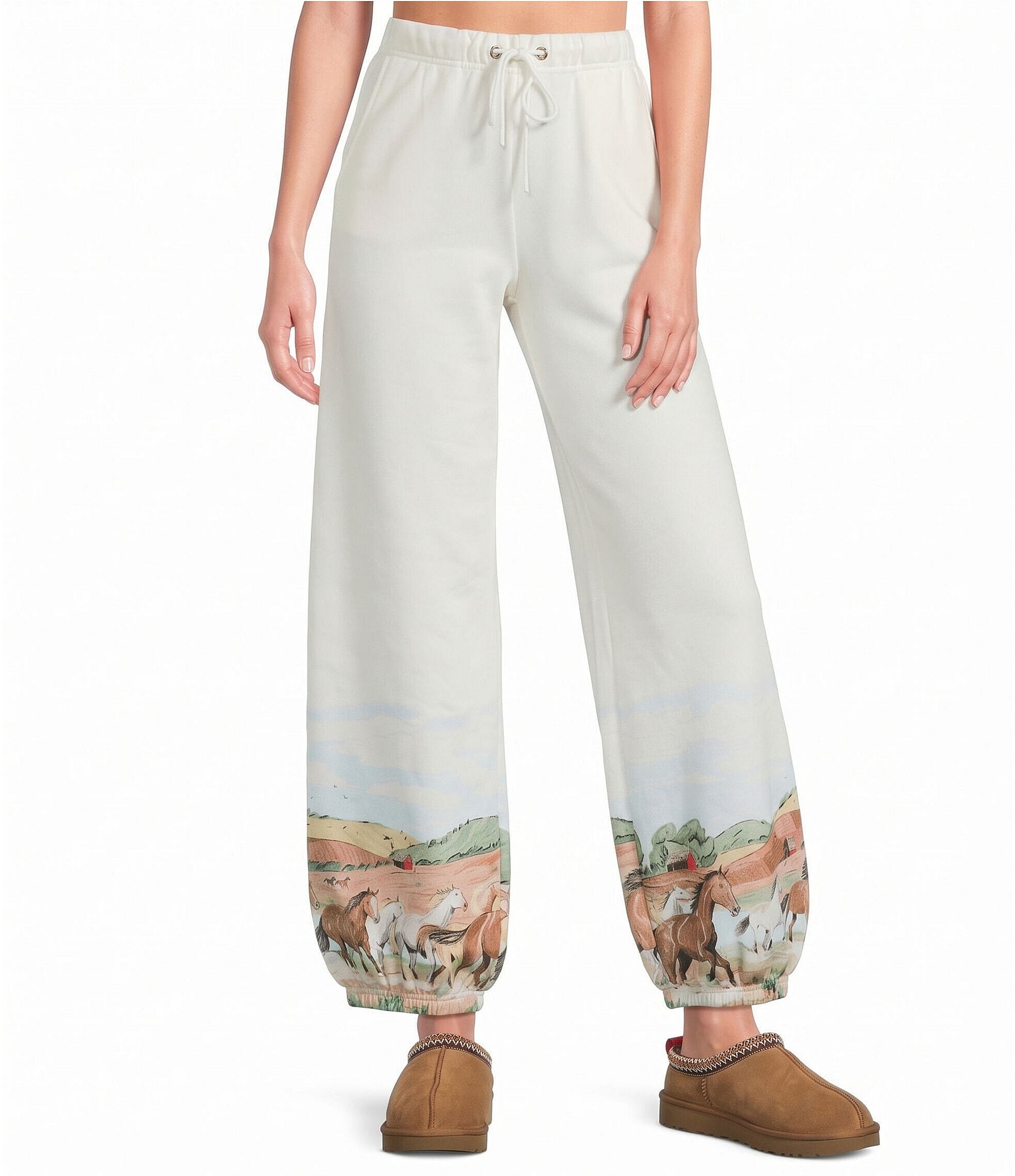 PJ Salvage Western Landscape Print Brushed Fleece Drawstring Tie Coordinating Lounge Pants