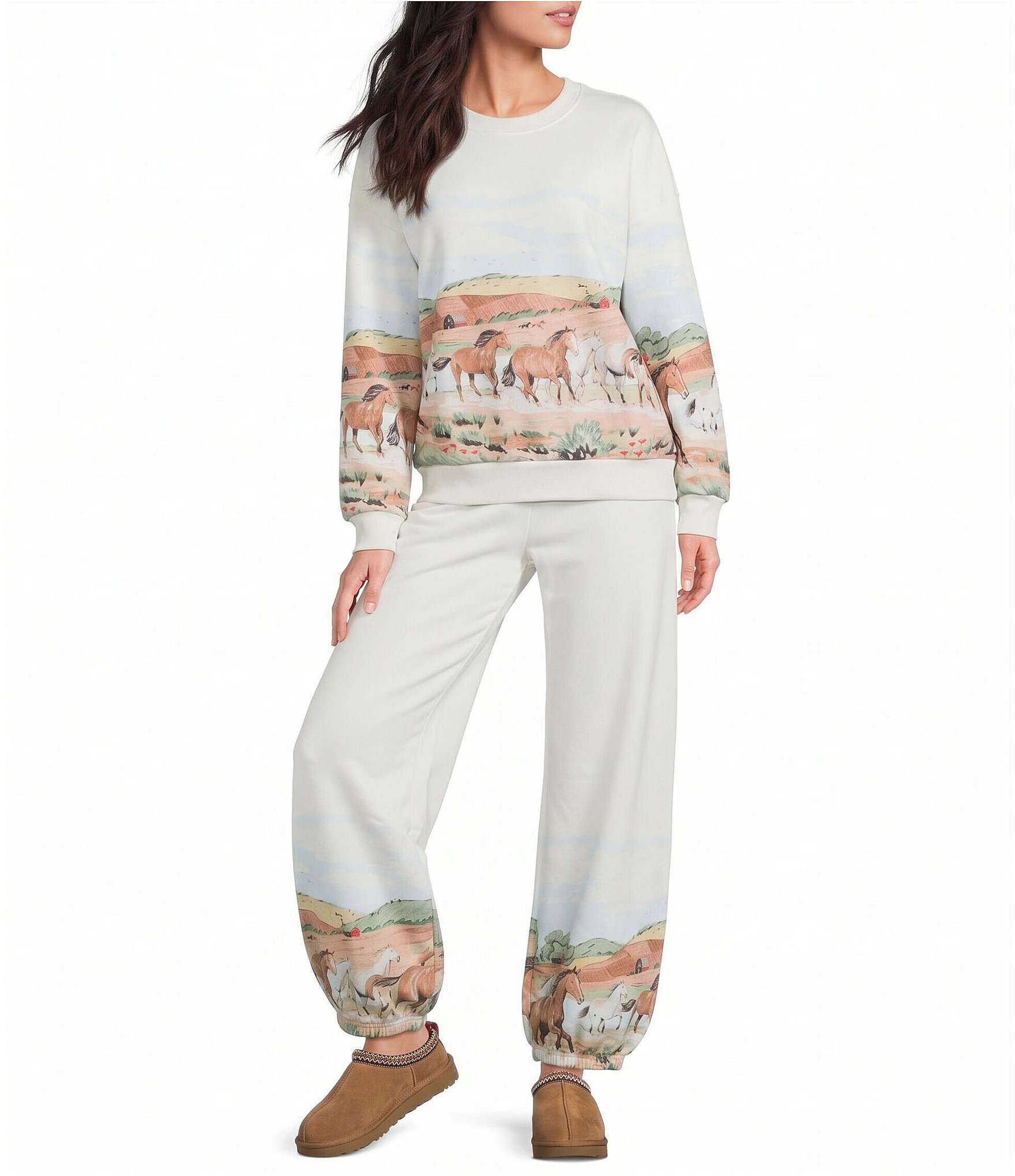 PJ Salvage Western Landscape Print Brushed Fleece Drawstring Tie Coordinating Lounge Pants