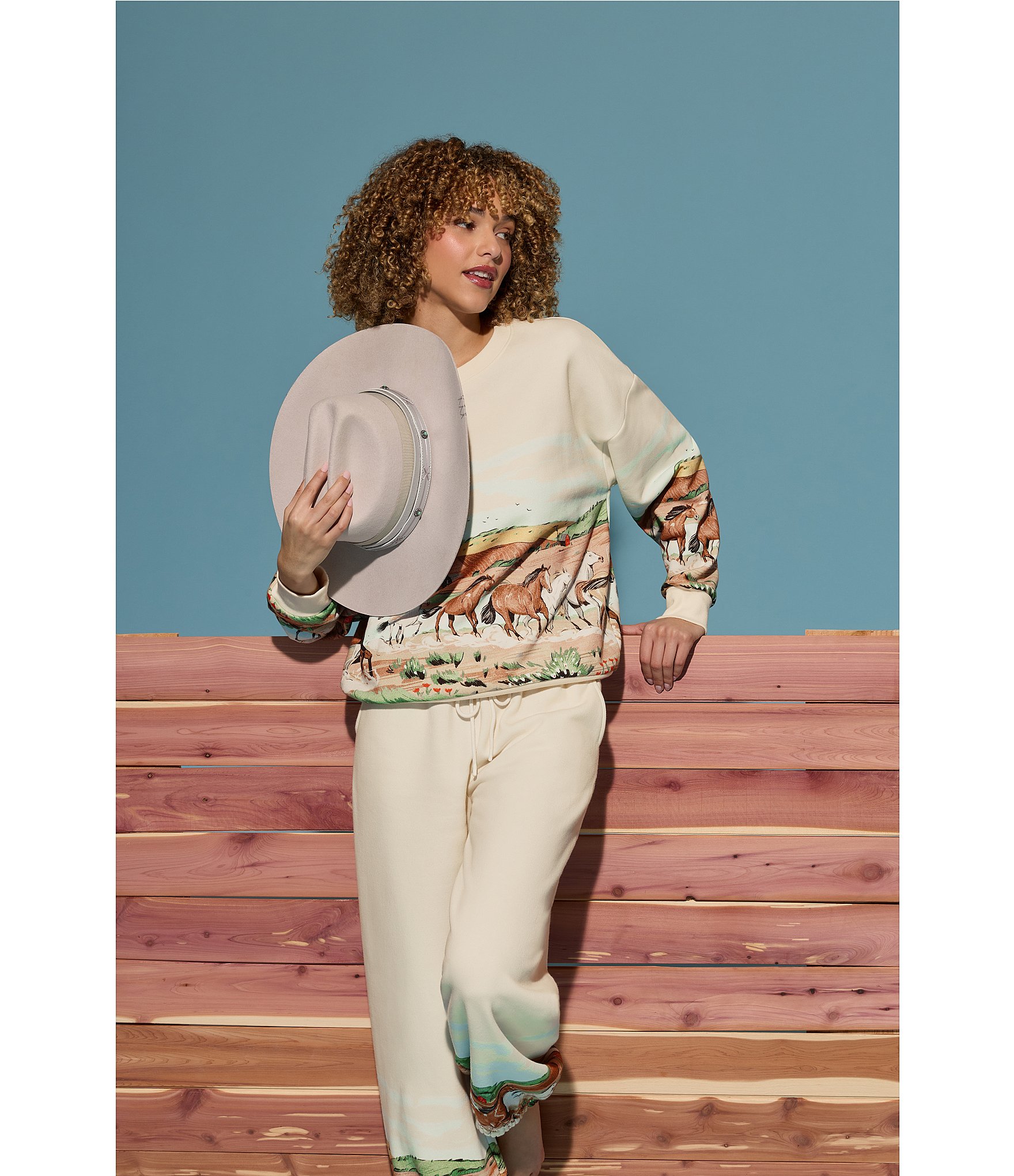 PJ Salvage Western Landscape Print Brushed Fleece Drawstring Tie Coordinating Lounge Pants