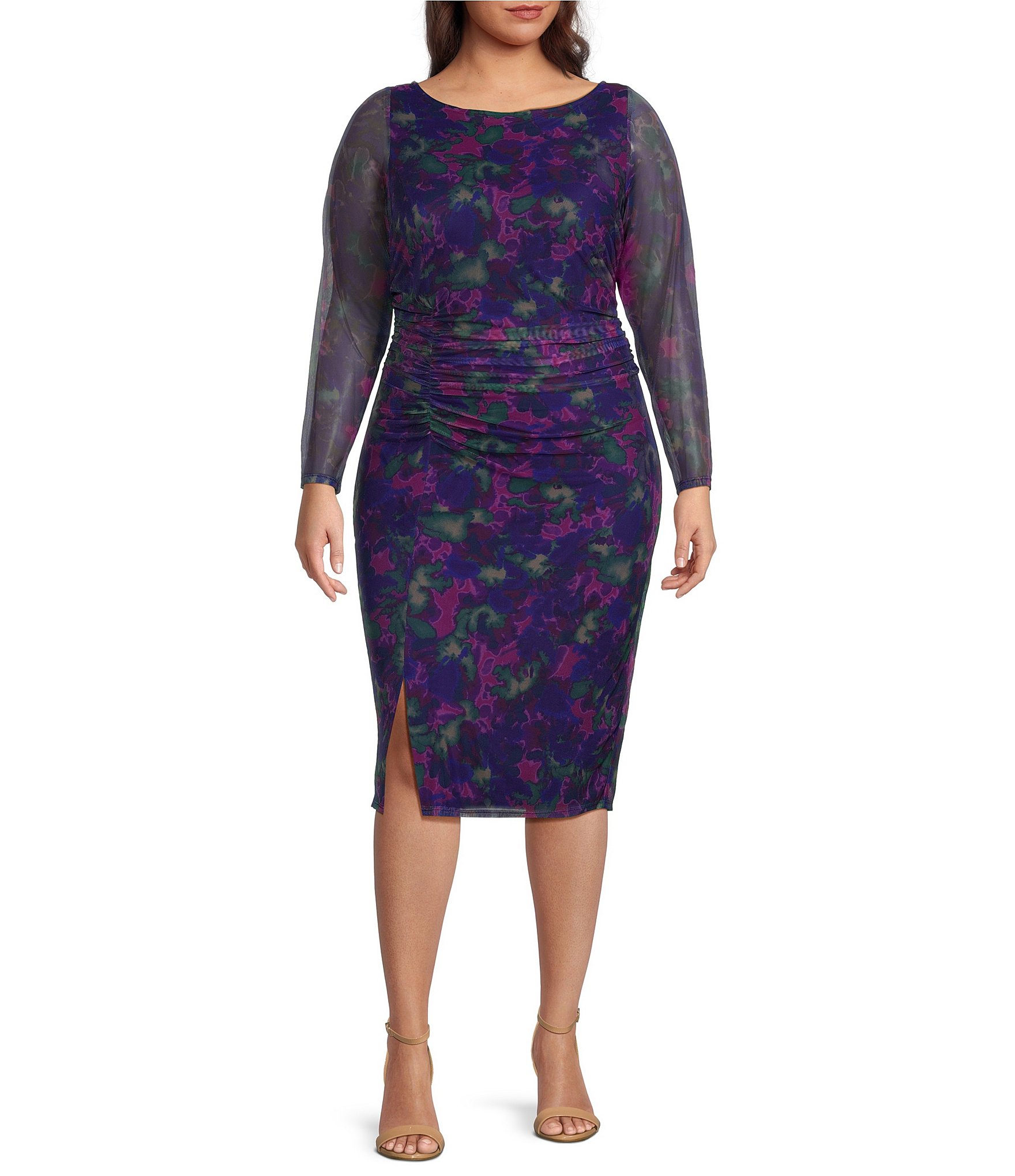 Plus Size Floral Mesh Boat Neck Long Sleeve Bodycon Midi Dress | Dillard's
