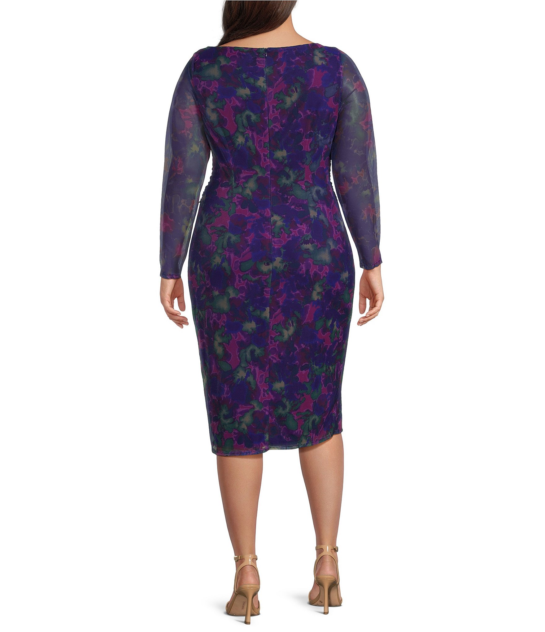 Plus Size Floral Mesh Boat Neck Long Sleeve Bodycon Midi Dress