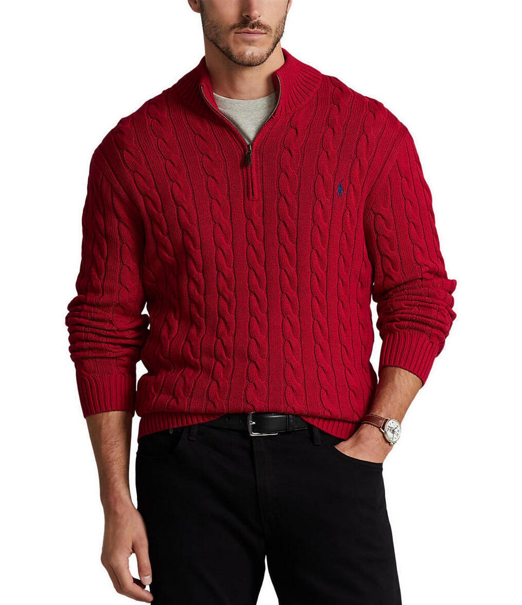 Polo Ralph Lauren Big & Tall Cable-Knit Cotton Quarter-Zip Sweater |  Dillard's