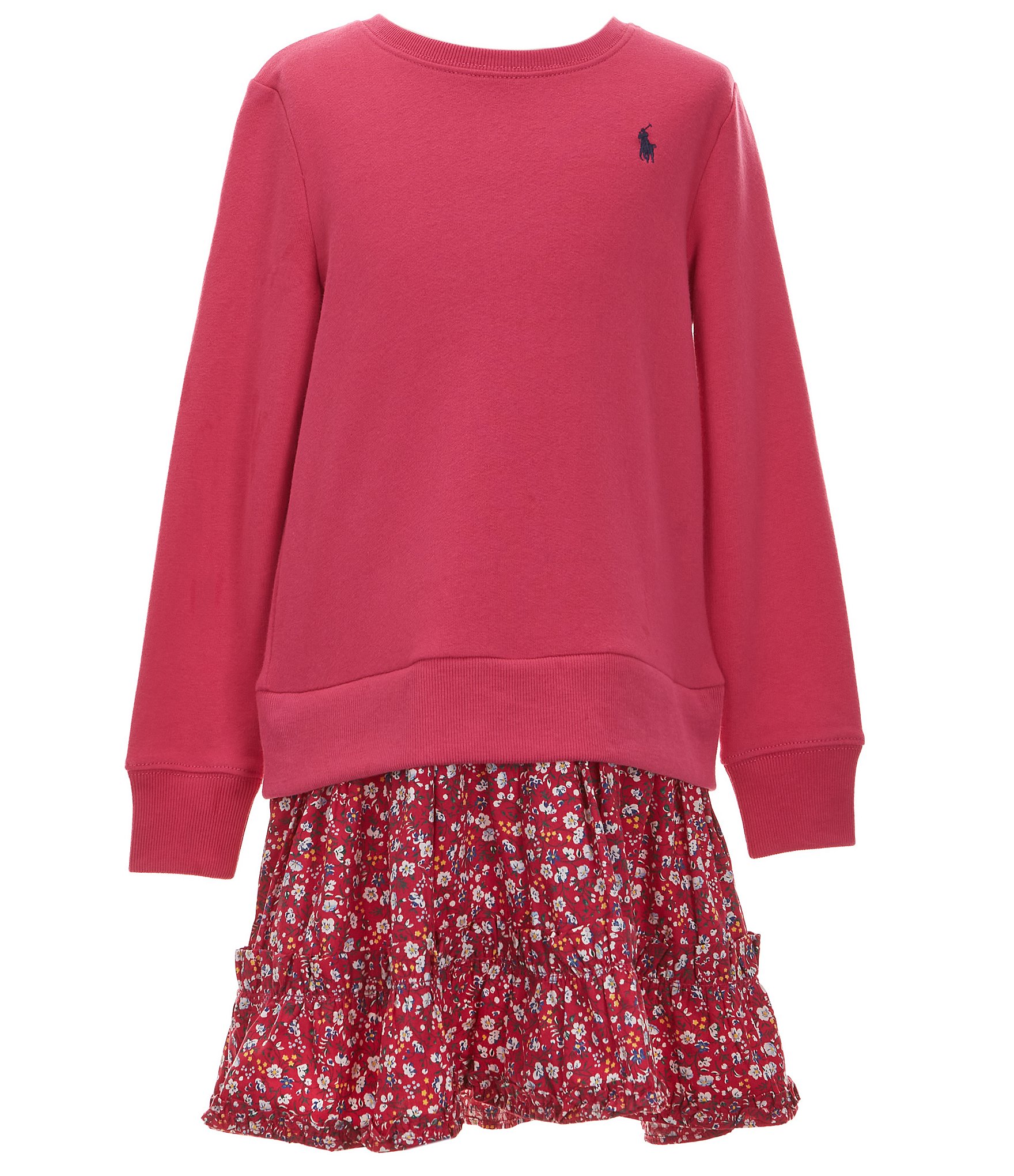 Polo Ralph Lauren Big Girls 7-16 Long Sleeve Fleece/Floral Woven Skirted Drop-Waist Dress