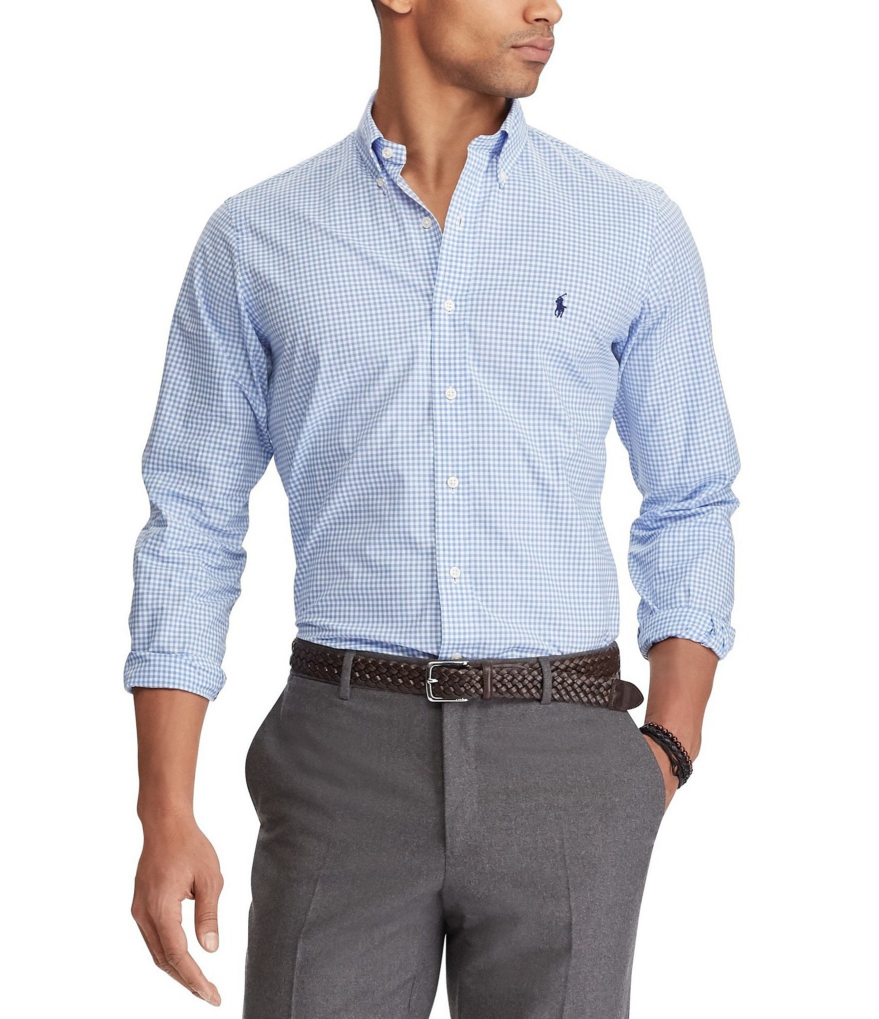Polo Ralph Lauren Blue Checkerboard Men's Slim Fit Long Sleeve Shirt, US Small