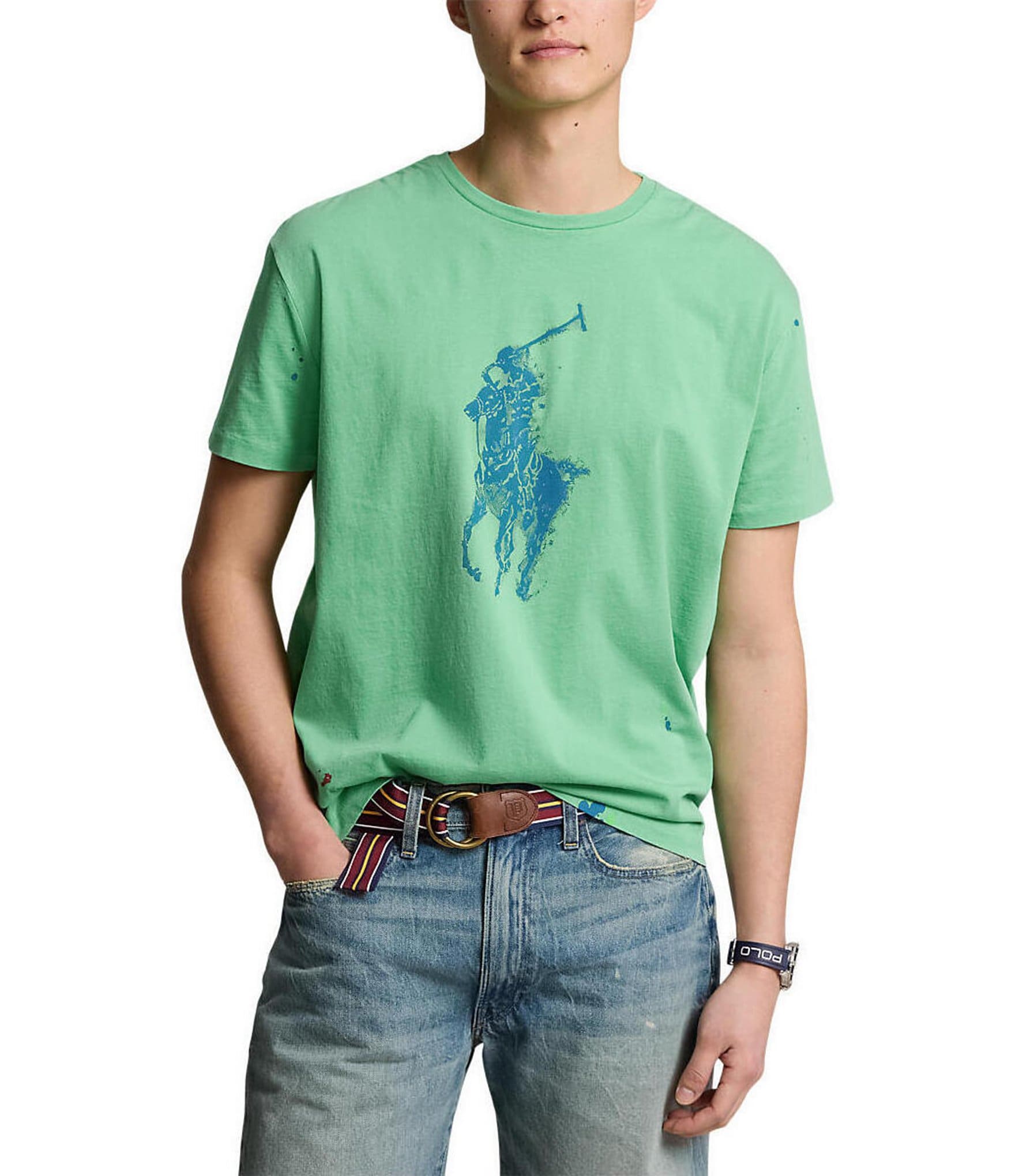 Polo Ralph Lauren Classic-Fit Big Pony Knit Jersey Paint Splatter Motif Crew Neck Short Sleeve T-Shirt