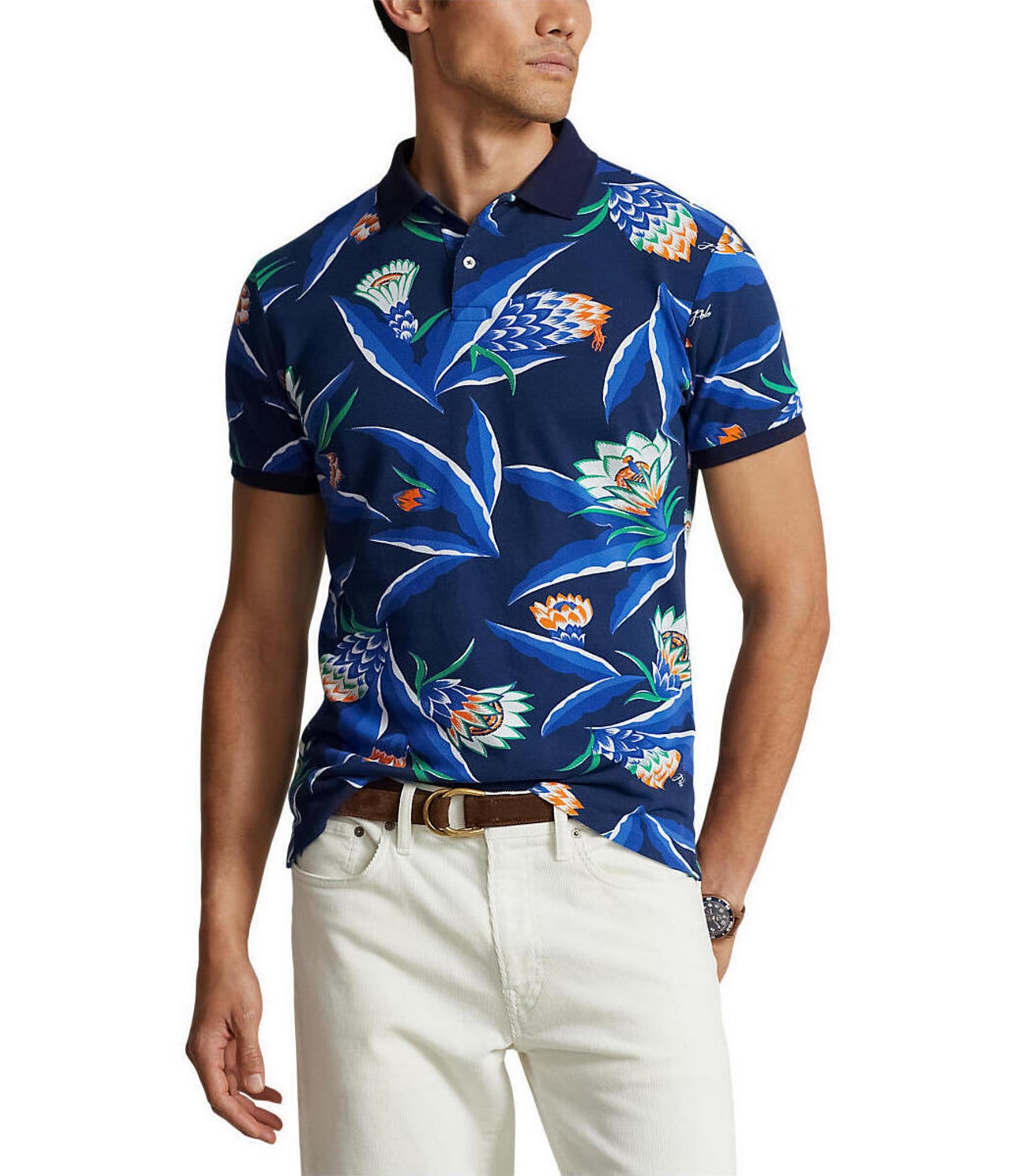Polo Ralph Lauren Classic Fit Floral-Print Navy Mesh Polo Short Sleeve ...