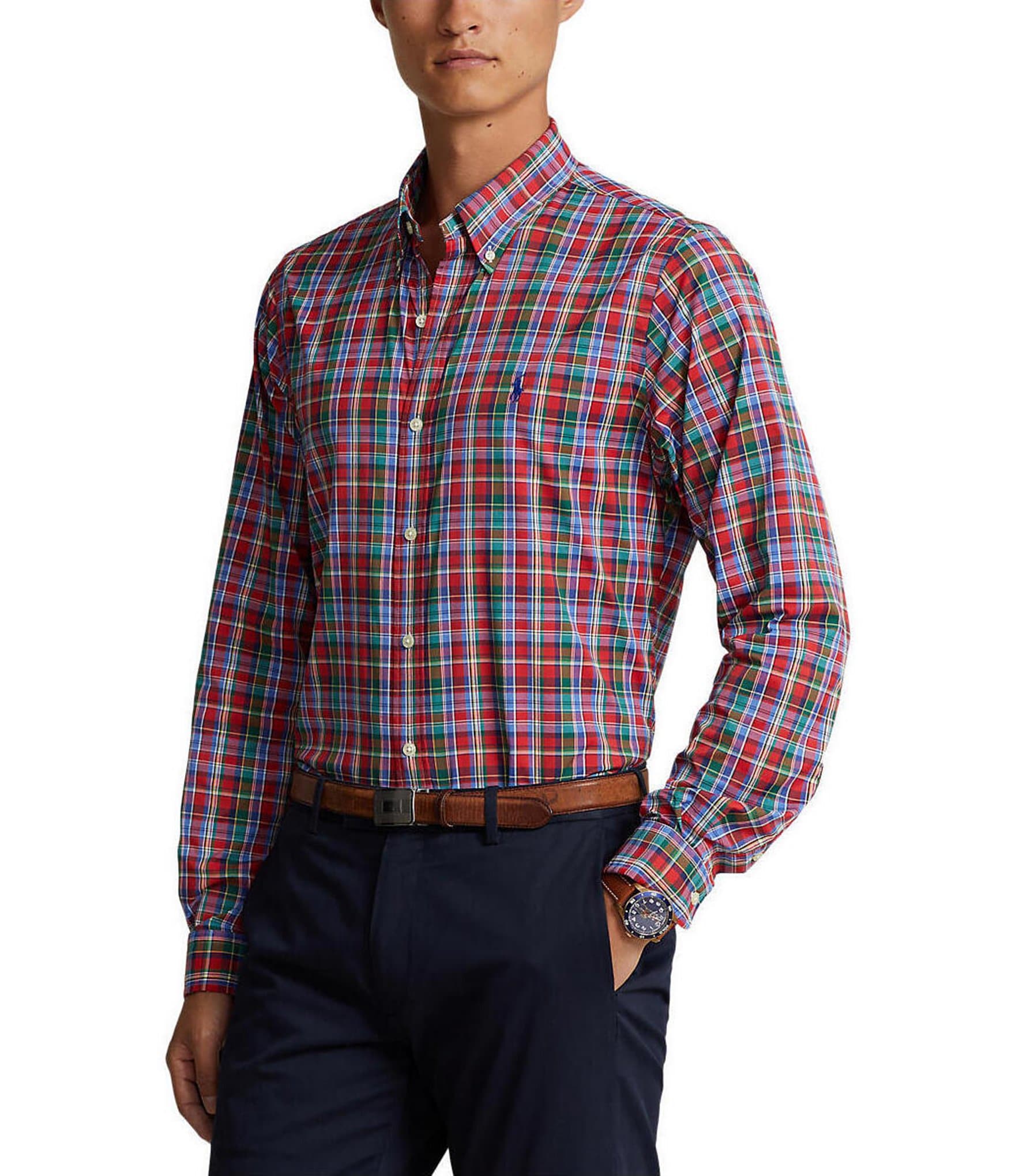 Polo Ralph Lauren Classic Fit Red Multi Plaid Stretch Twill Long Sleeve ...
