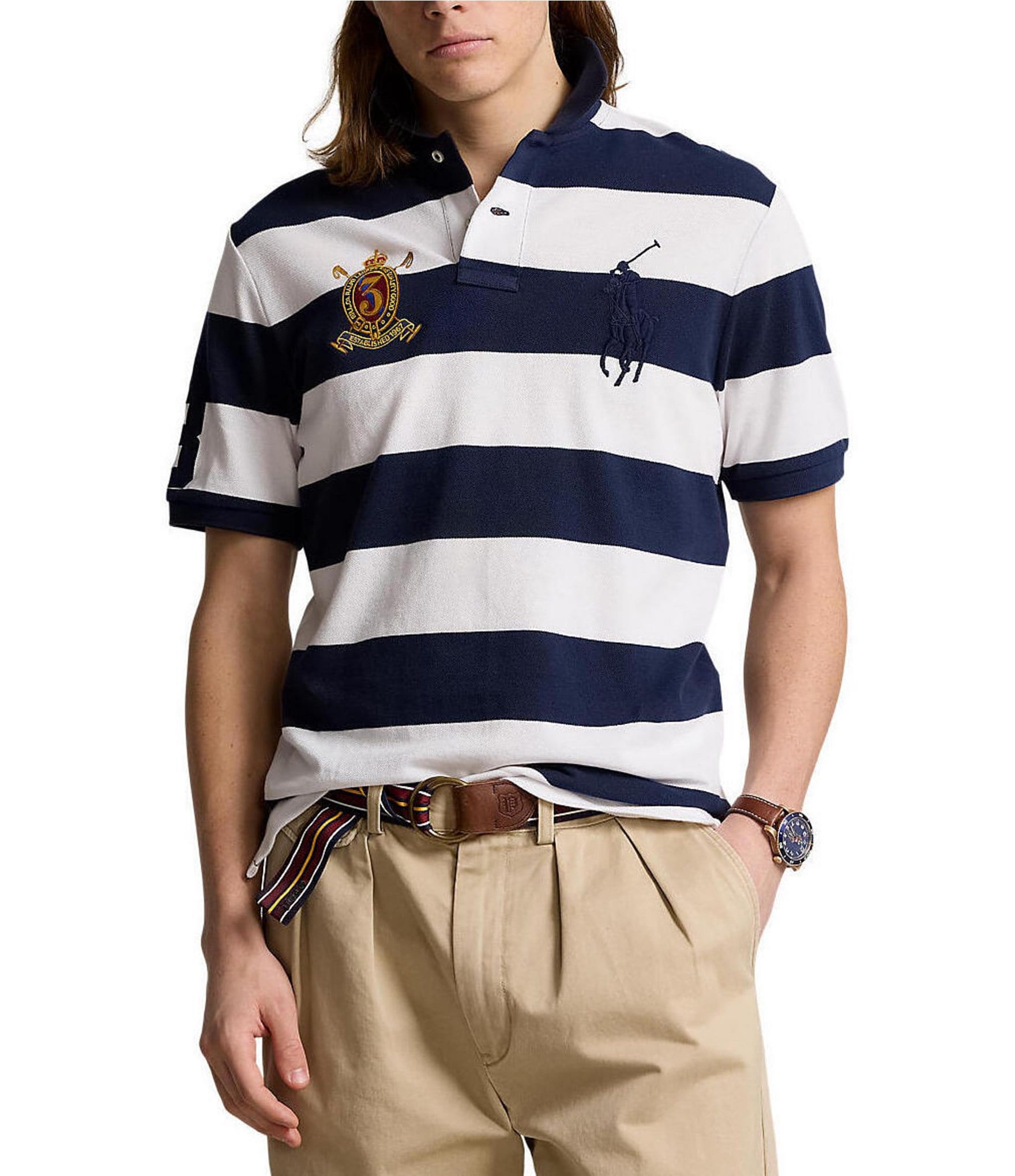 Polo Ralph Lauren Classic Fit Stripe Big Pony & Crest Mesh Polo Shirt