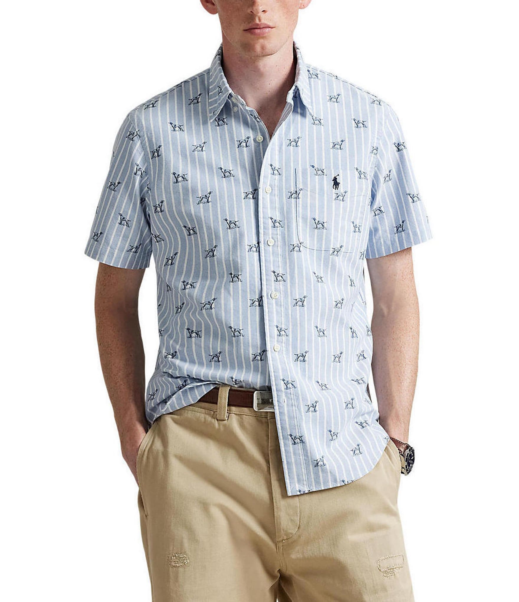 Polo Ralph Lauren Classic Fit Stripe Dog Print Short Sleeve Woven Shirt