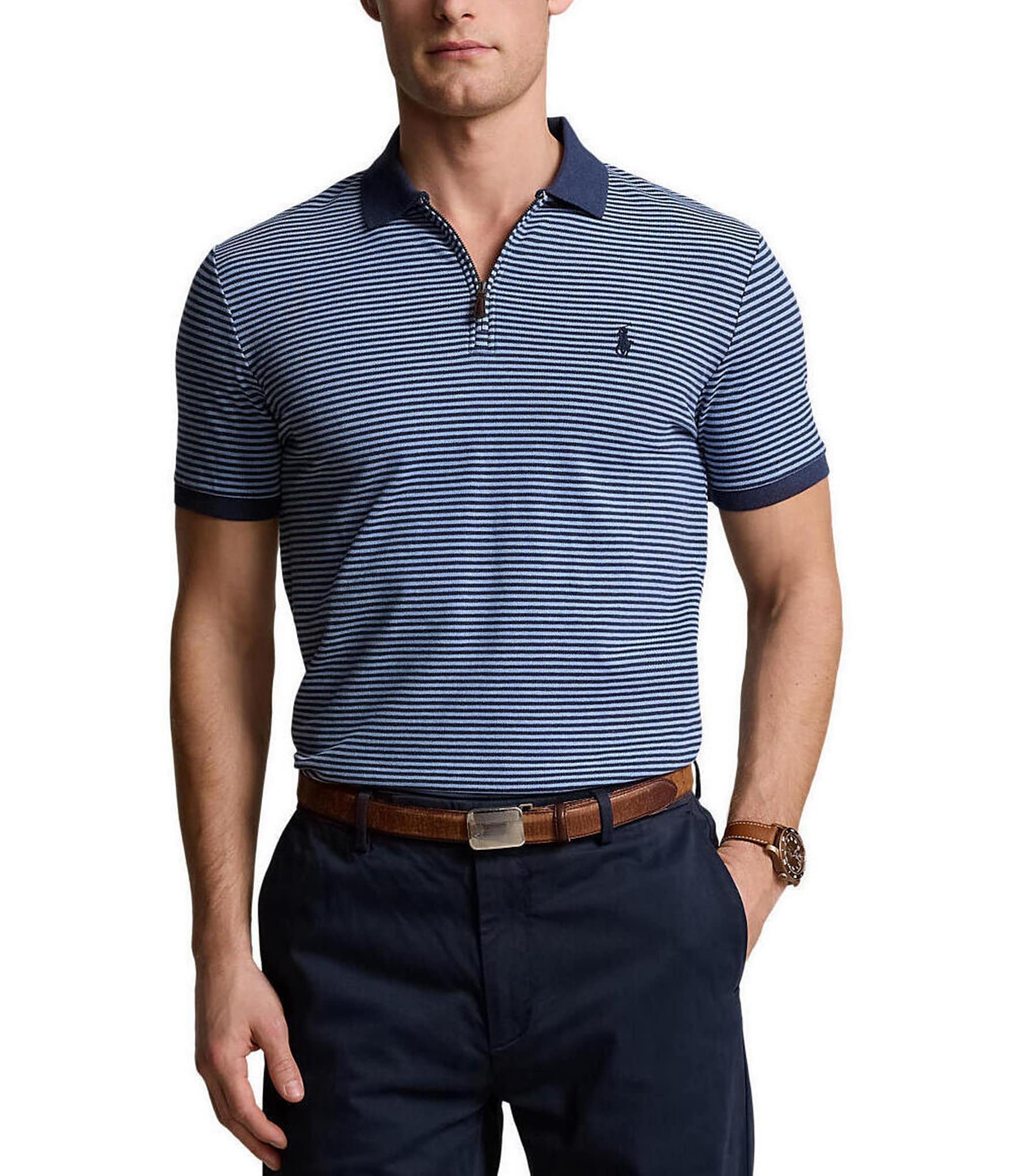 Polo Ralph Lauren Classic Fit Striped Quarter-Zip Stretch Mesh Short Sleeve Polo Shirt