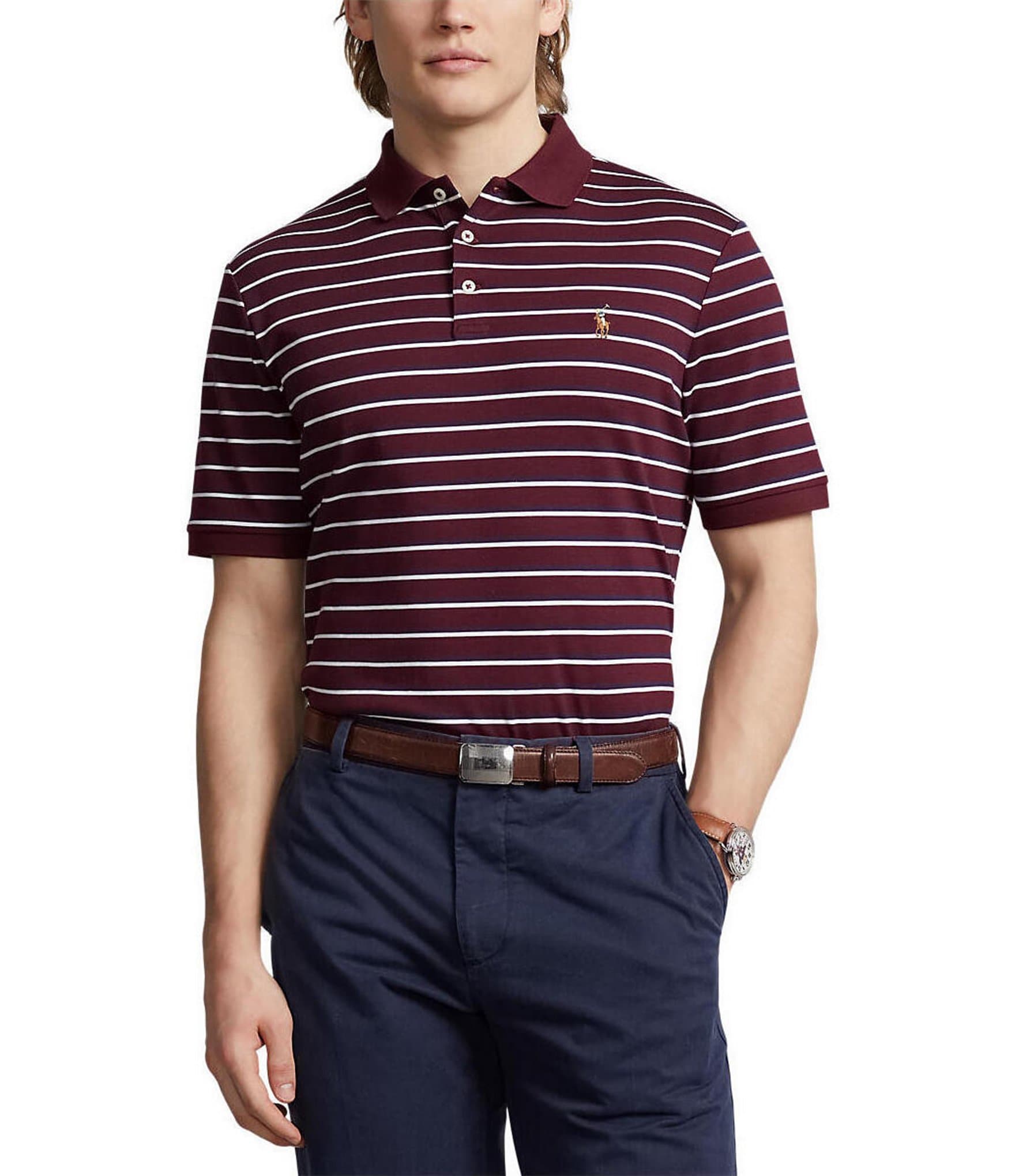Navy Classic Pique Center Back Stripe Relaxed Fit Short Sleeve Polo
