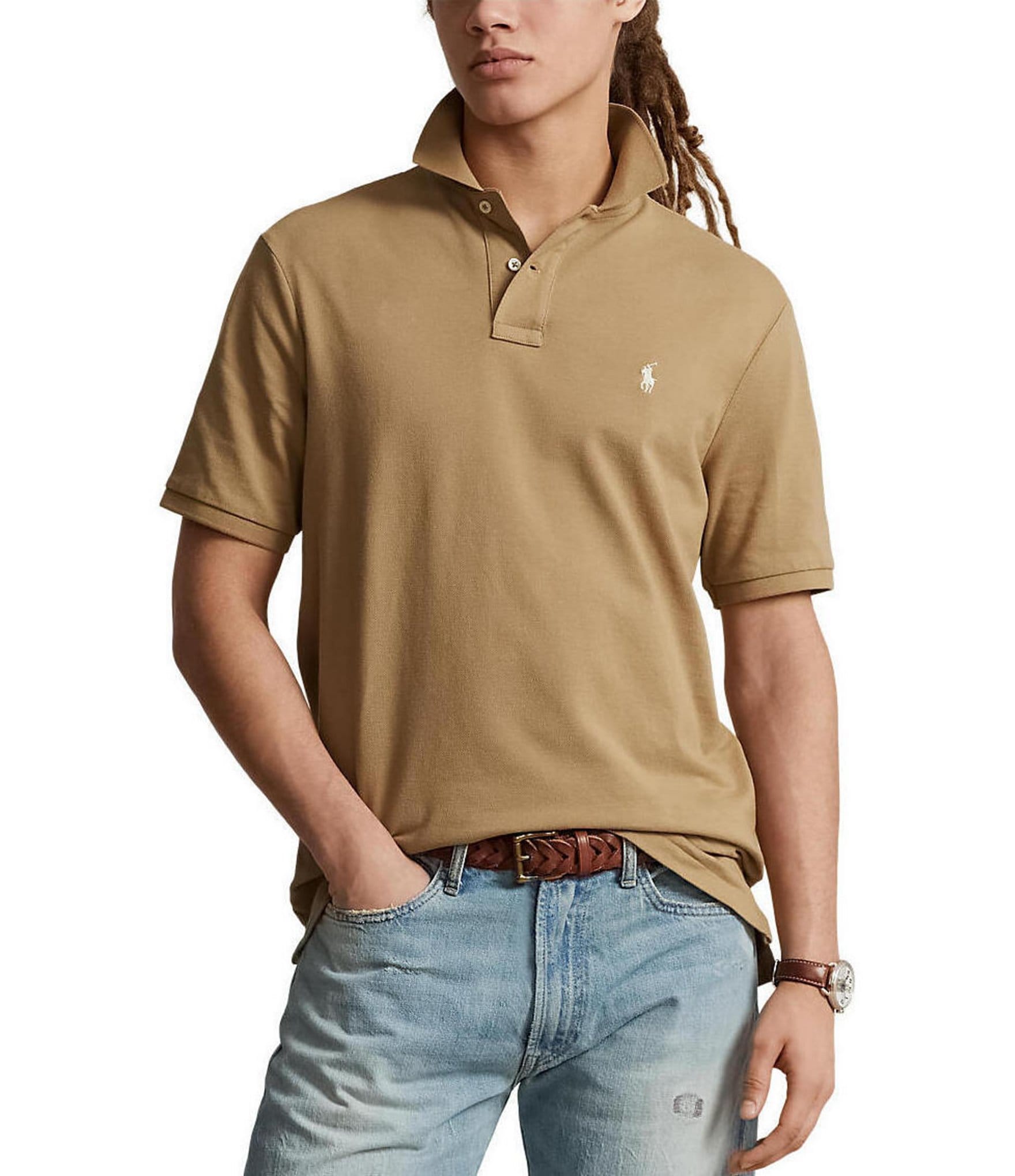 Polo Ralph Lauren Men's Custom Slim Fit Mesh Polo, Tan, Medium, Cotton