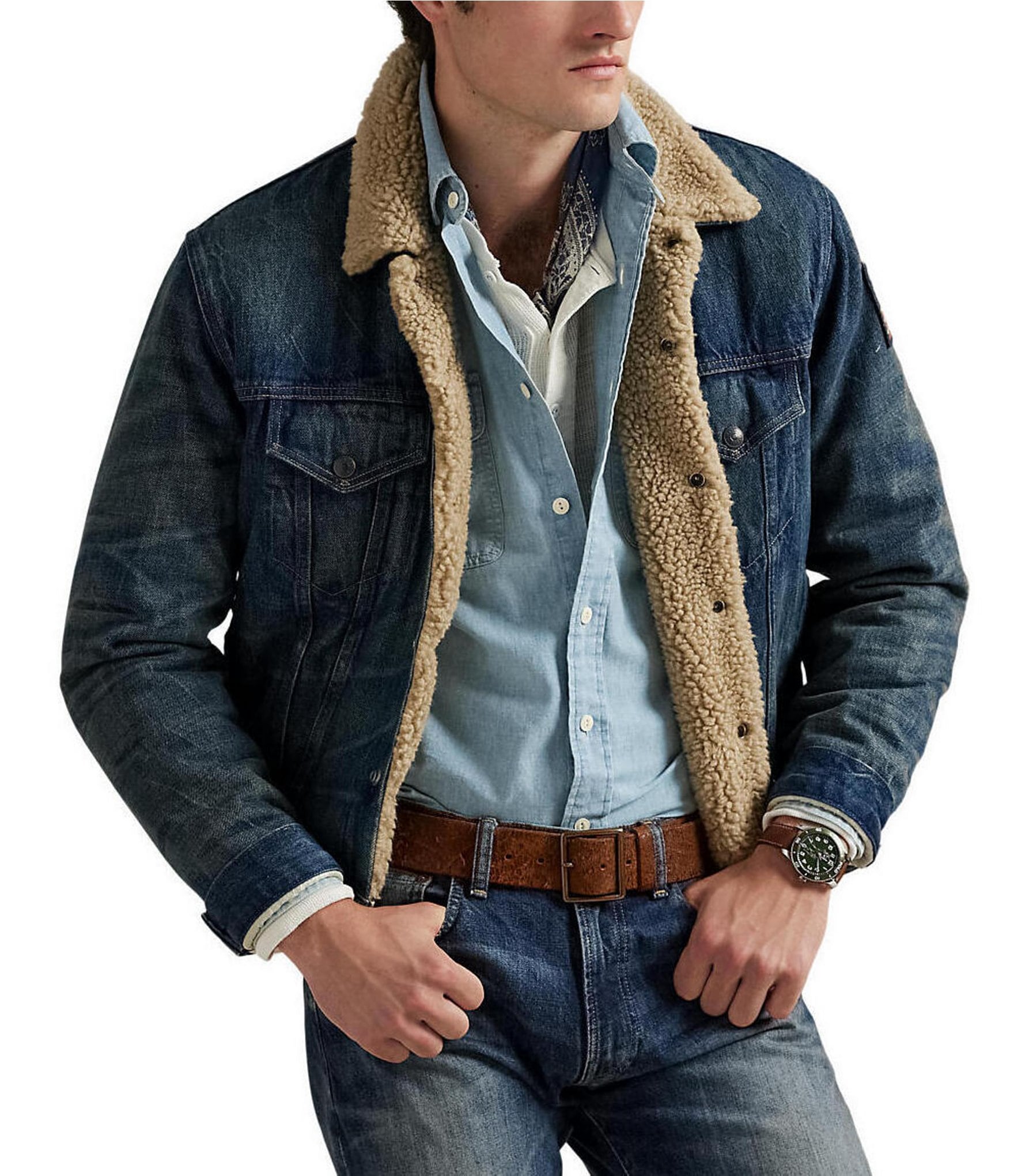 Fleece Lined Denim Trucker Jacket Polo Denim Jacket Mens Pre-owned