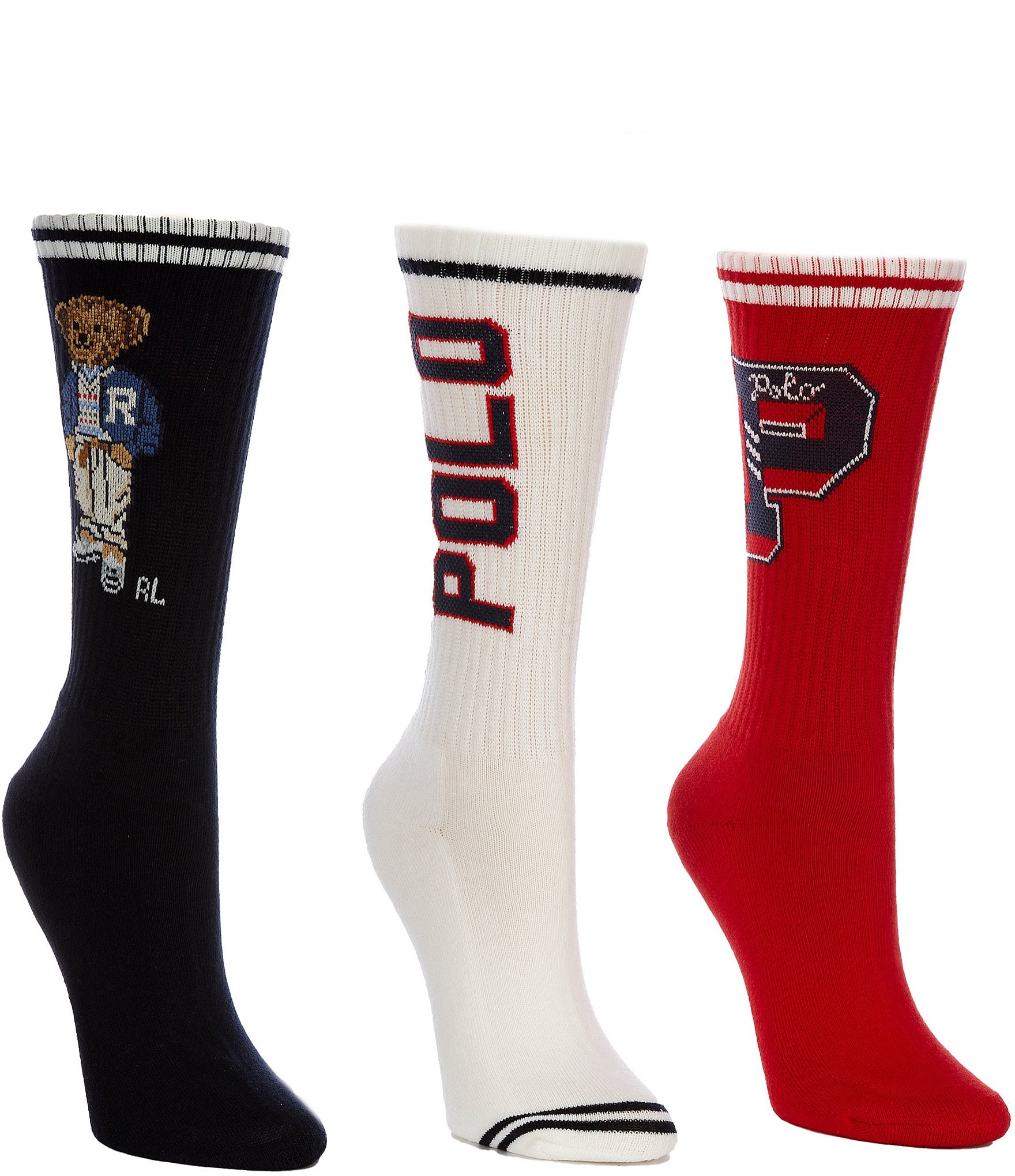 Polo Ralph Lauren Preppy Sport Bear Crew Socks, 3 Pack