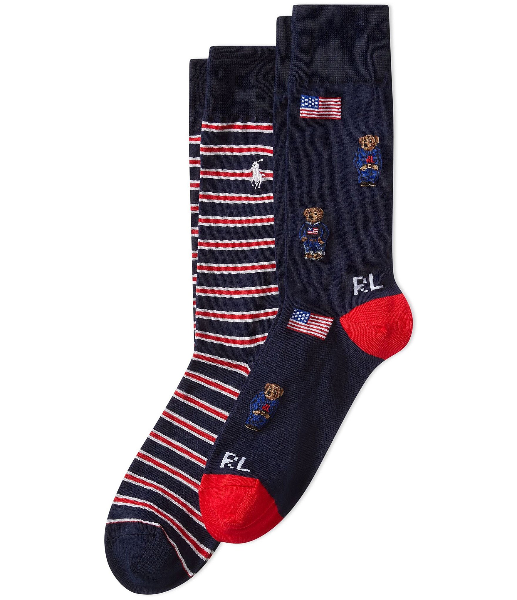 Polo Ralph Lauren Striped/Americana Bear Crew Dress Socks 2-Pack ...