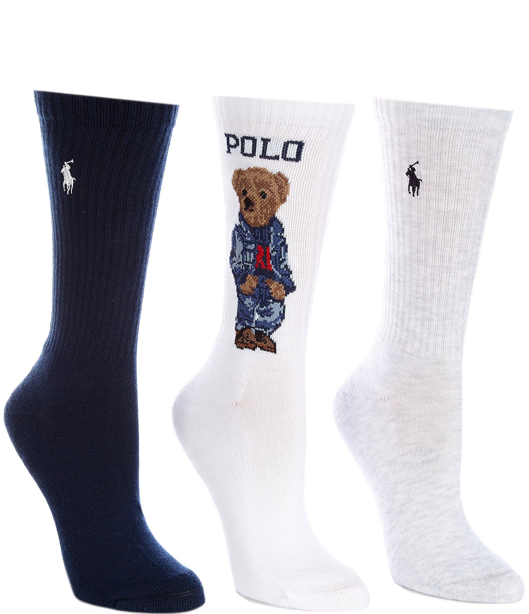 Polo Ralph Lauren Women's Americana Sport Bear Crew Socks, 3 Pack