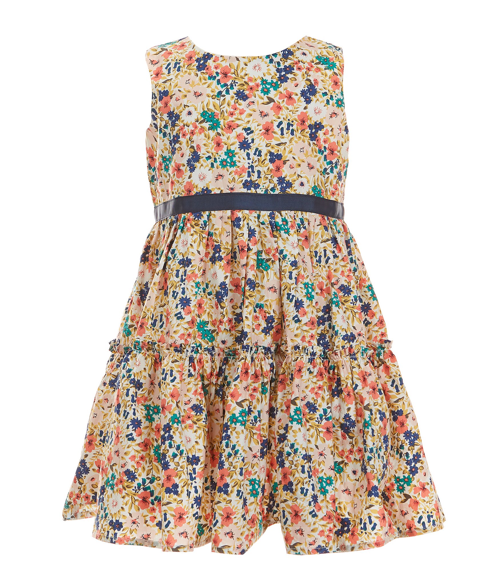 Popatu Little Girls 2-7 Sleeveless Solid Trim Floral Fit & Flare Dress