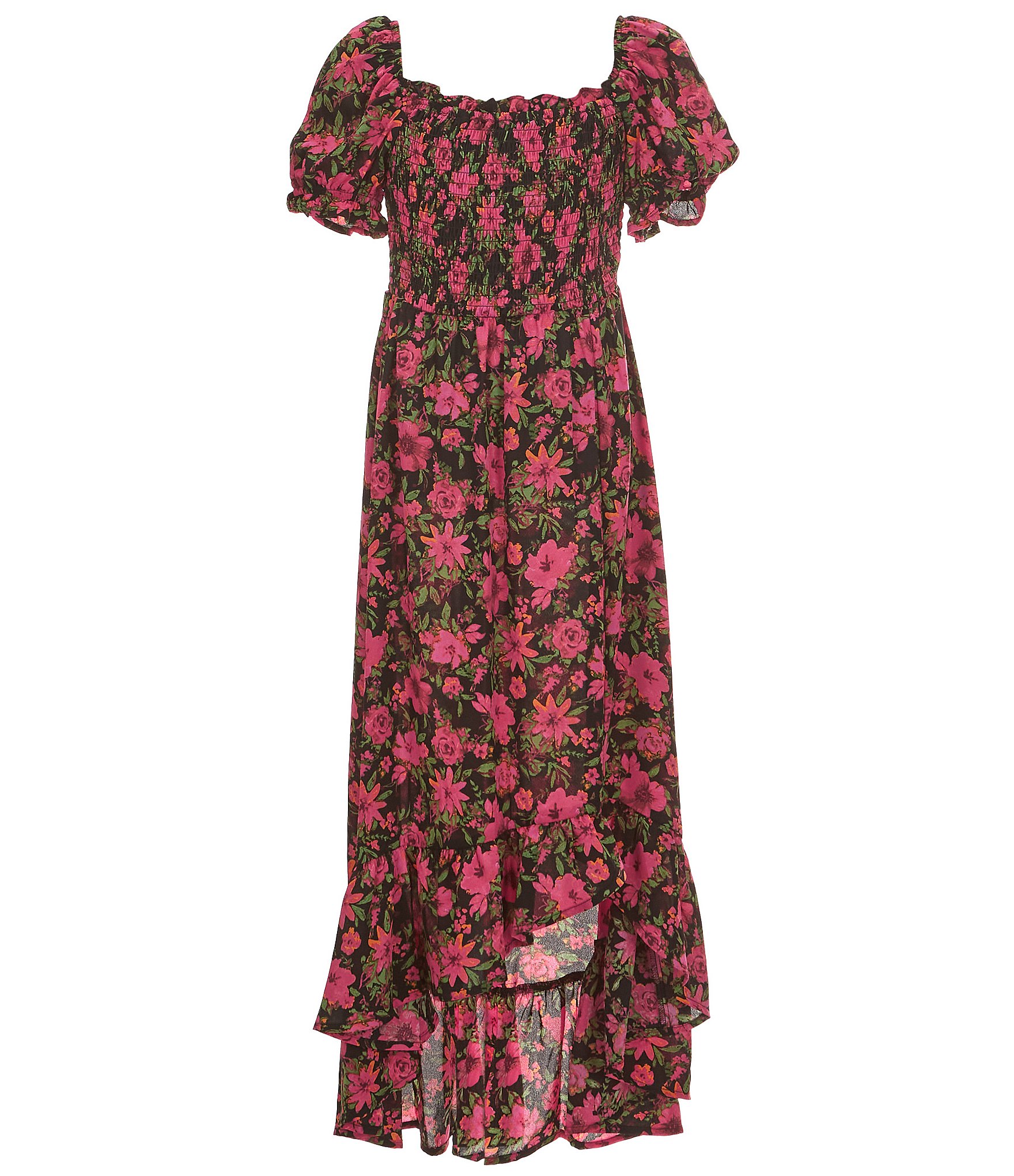 Poppies and Roses Big Girls 7-16 Puffed Sleeve Floral-Printed High-Low-Hem Fit & Flare Dress