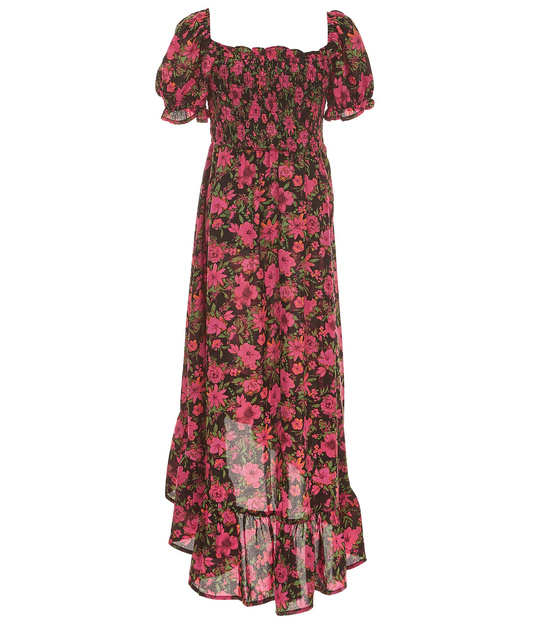 Poppies and Roses Big Girls 7-16 Puffed Sleeve Floral-Printed High-Low-Hem Fit & Flare Dress