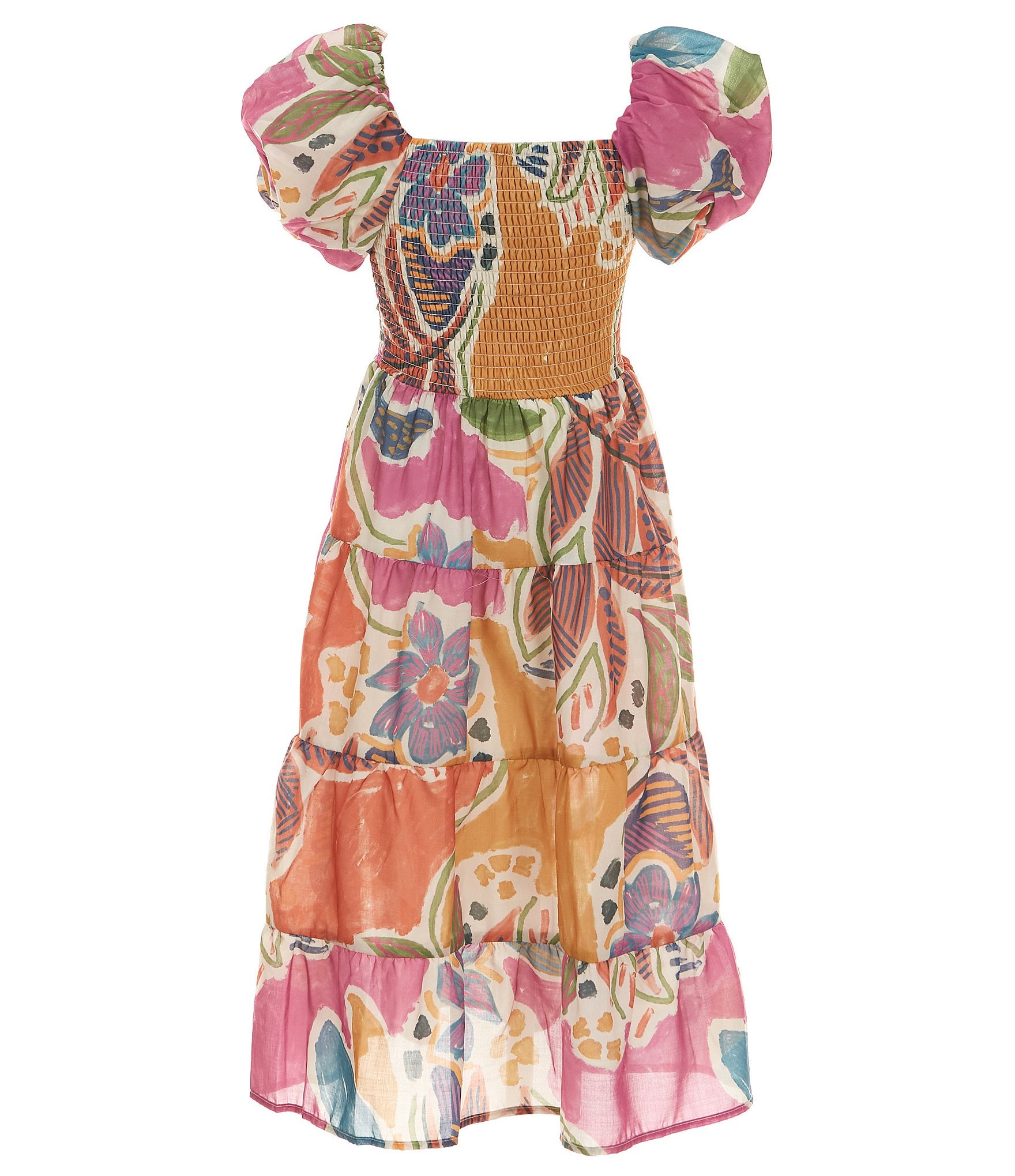 Poppies and Roses Big Girls 7-16 Short-Sleeve Tropical-Printed Long Dress