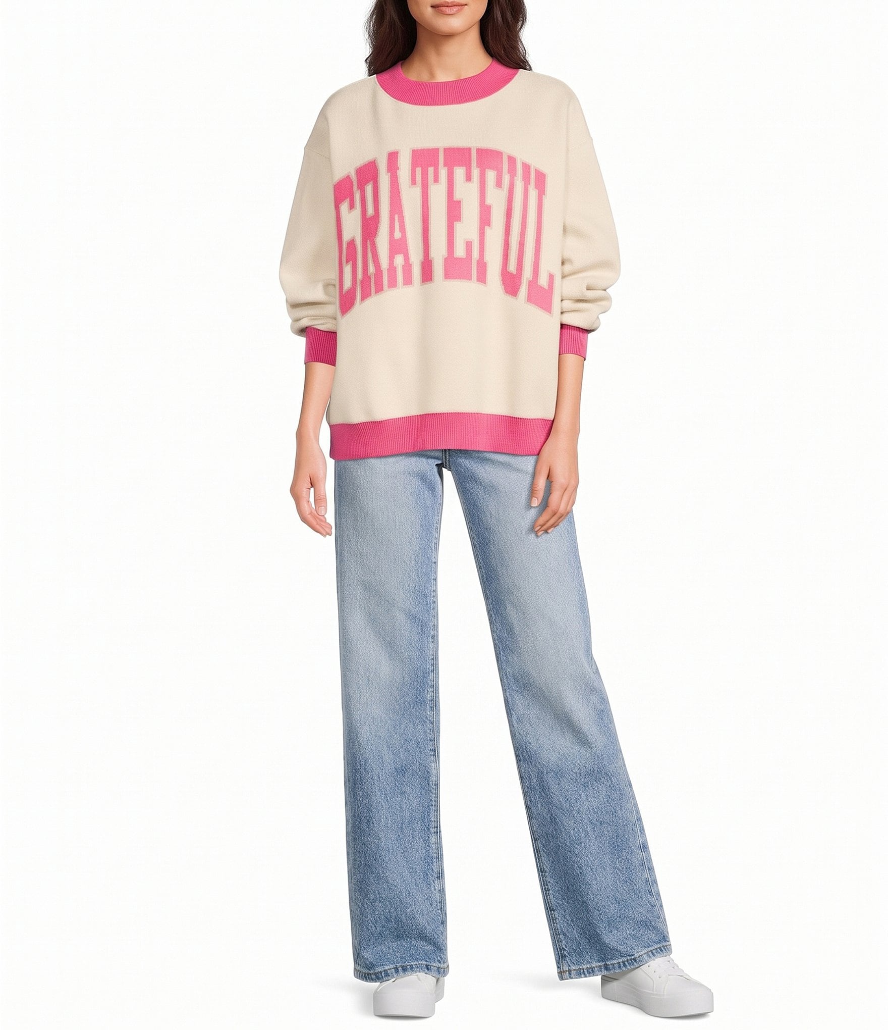 Poppy & Pine Long Sleeve Grateful Mock Neck Pullover Sweatshirt