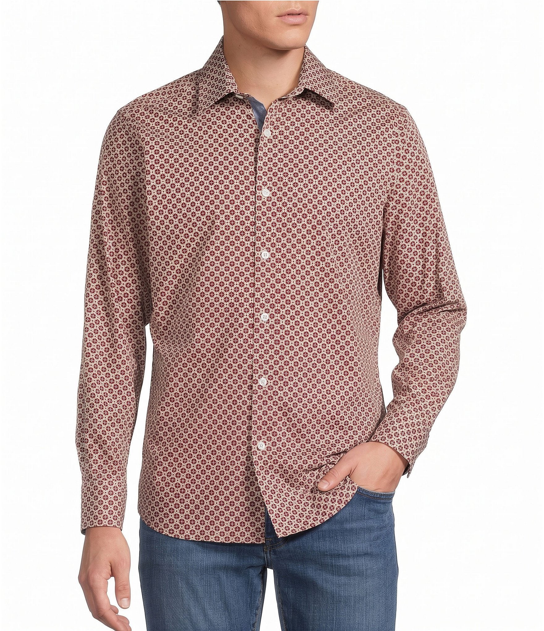 Premium Denim Geometric Print Long Sleeve Woven Shirt