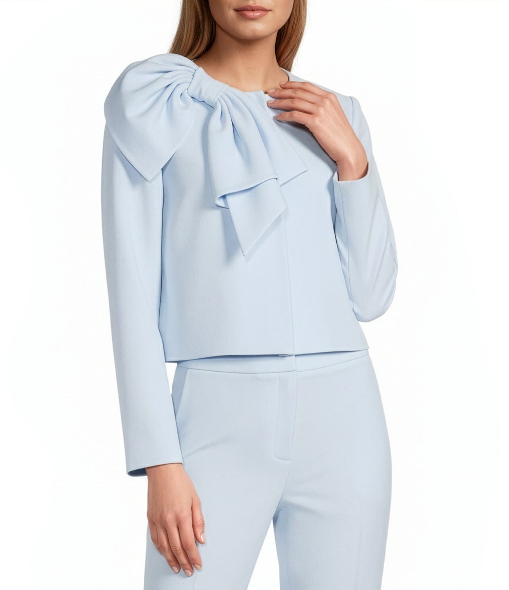 Preston & York Brittani Crepe Oversized Bow Front Crew Neck Long Sleeve Snap Front Coordinating Jacket