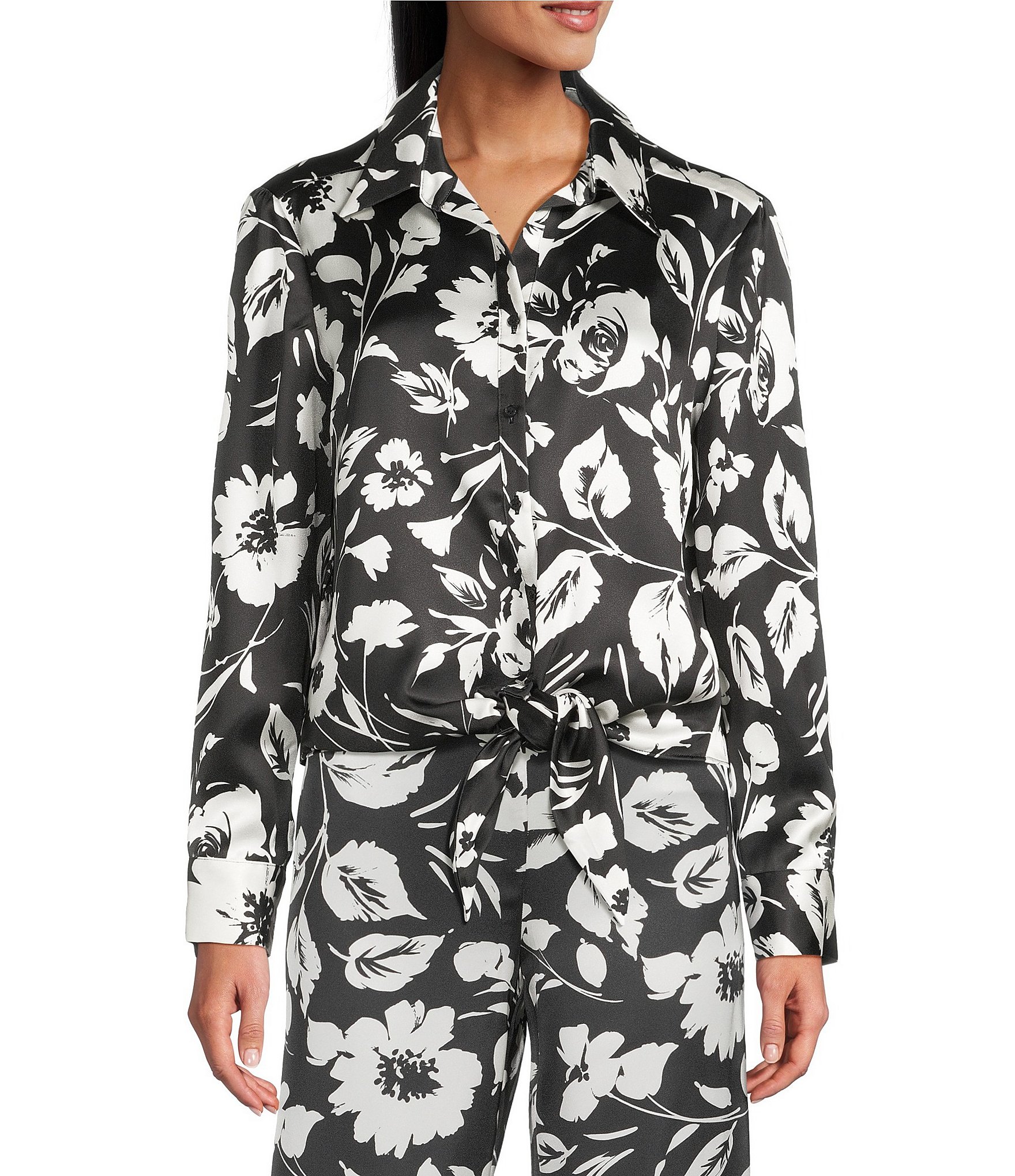 Preston & York Coordinating Kinsley Tie Button Front Long Sleeve Blouse