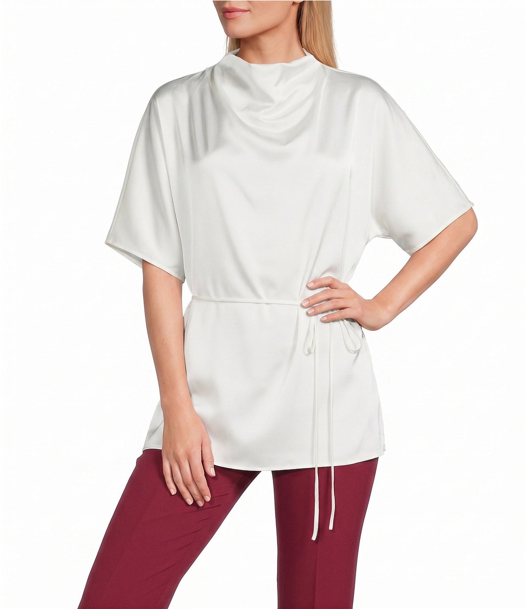 Preston & York Giselle Satin Mock Neckline Short Sleeve Blouse