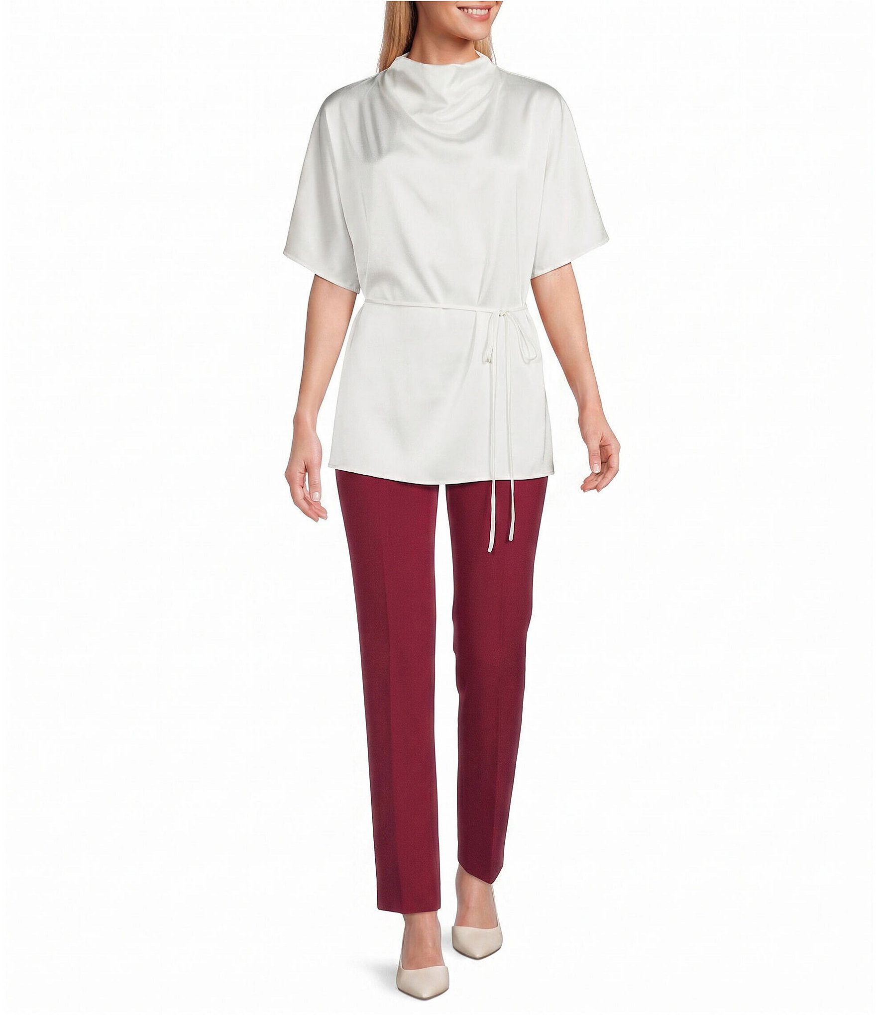 Preston & York Giselle Satin Mock Neckline Short Sleeve Blouse