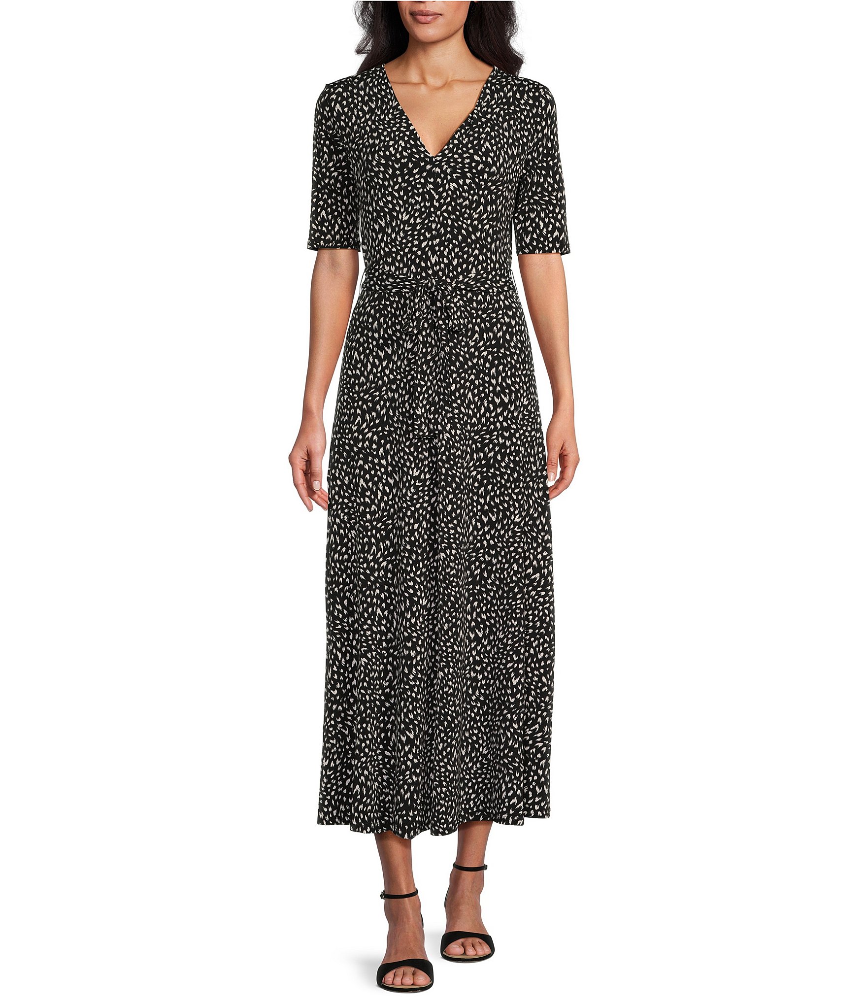 Preston & York Sydney Antelope Print Knit V-Neck Short Sleeve Tie Waist ...